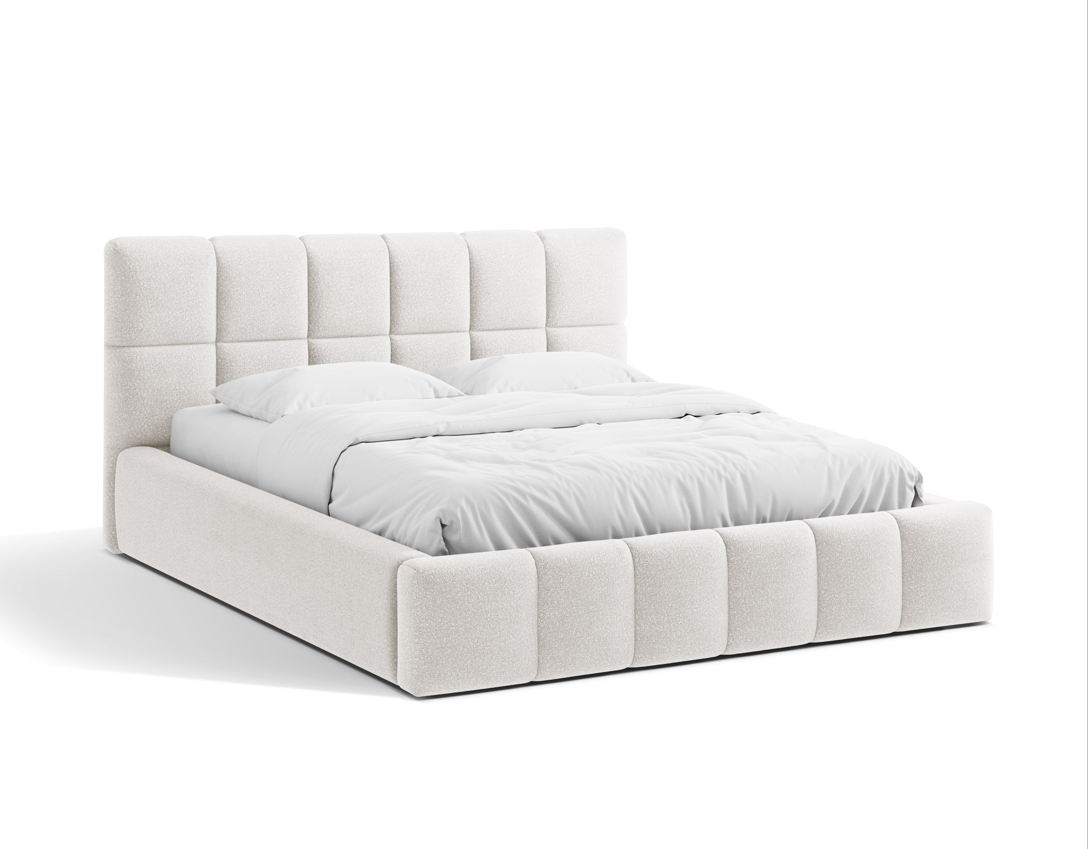 BELLIS bed with storage for bedding in white boucle