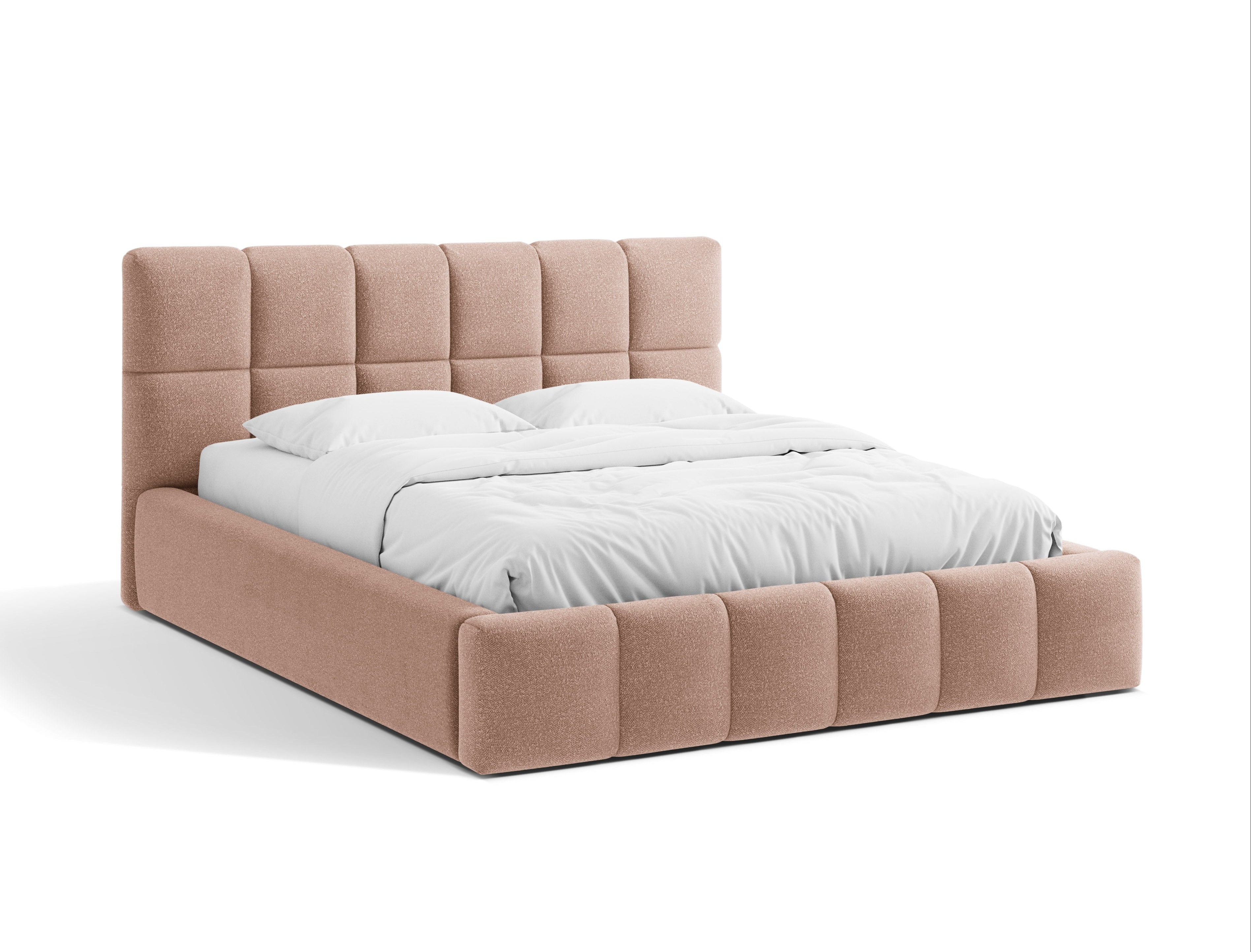 BELLIS bed met opbergruimte voor beddengoed in poederroze bouclé