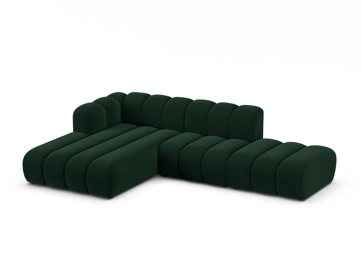 Narożnik aksamitny 5-osobowy lewostronny LUPINE butelkowy zielony – sofa narożna