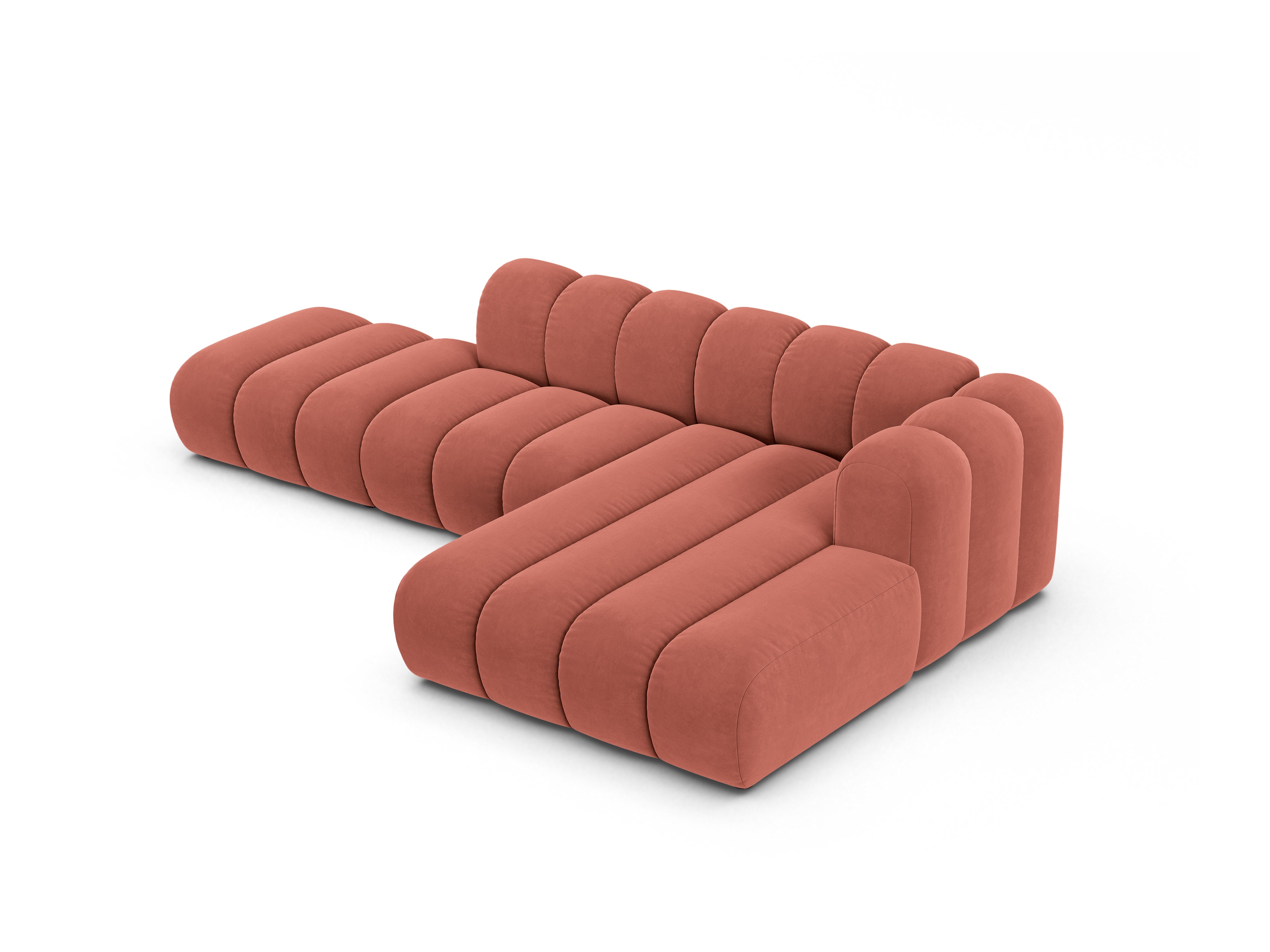 Narożnik aksamitny 5-osobowy prawostronny LUPINE koralowy – sofa narożna