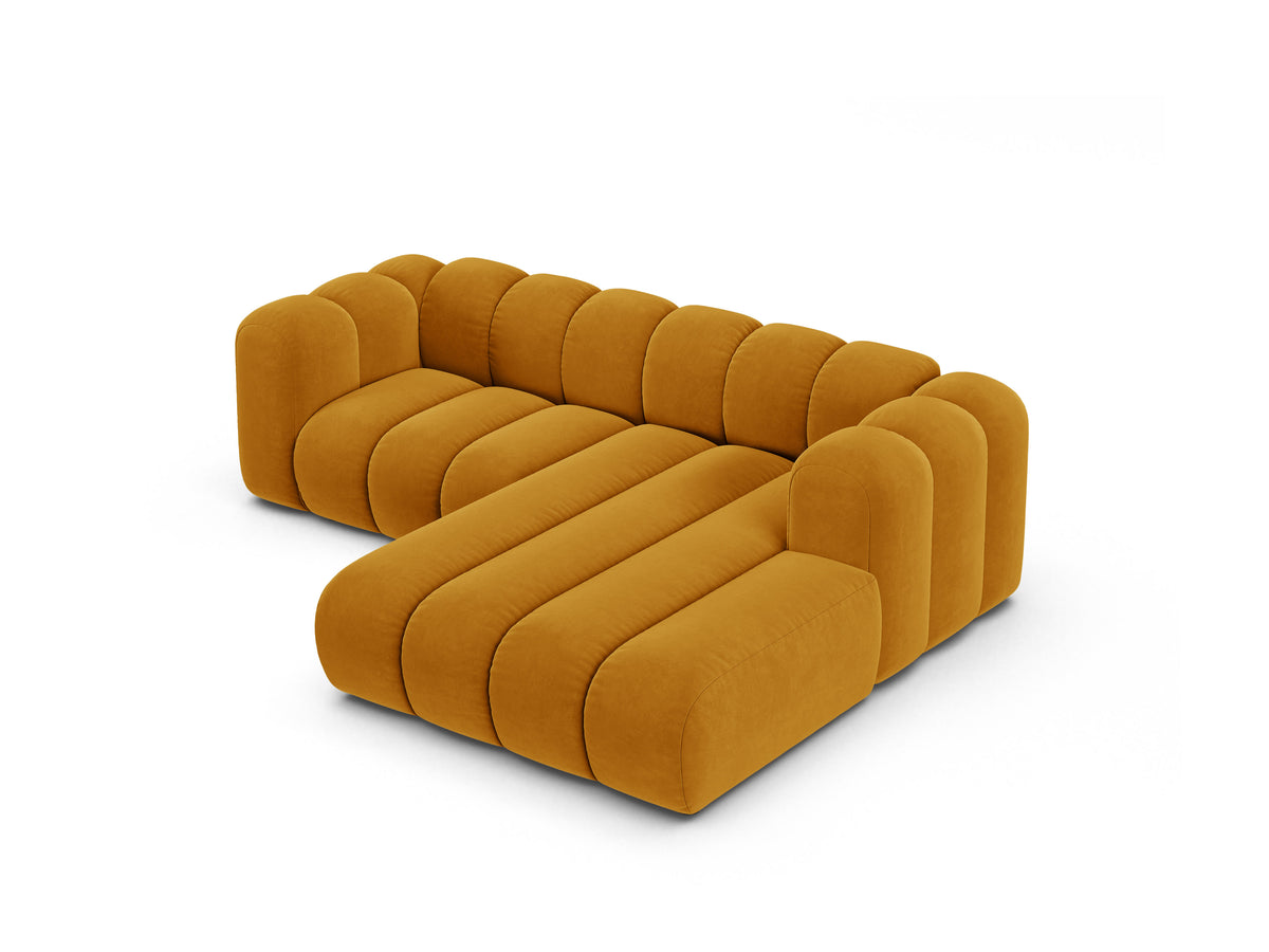 Narożnik aksamitny 3-osobowy prawostronny LUPINE musztardowy – sofa narożna