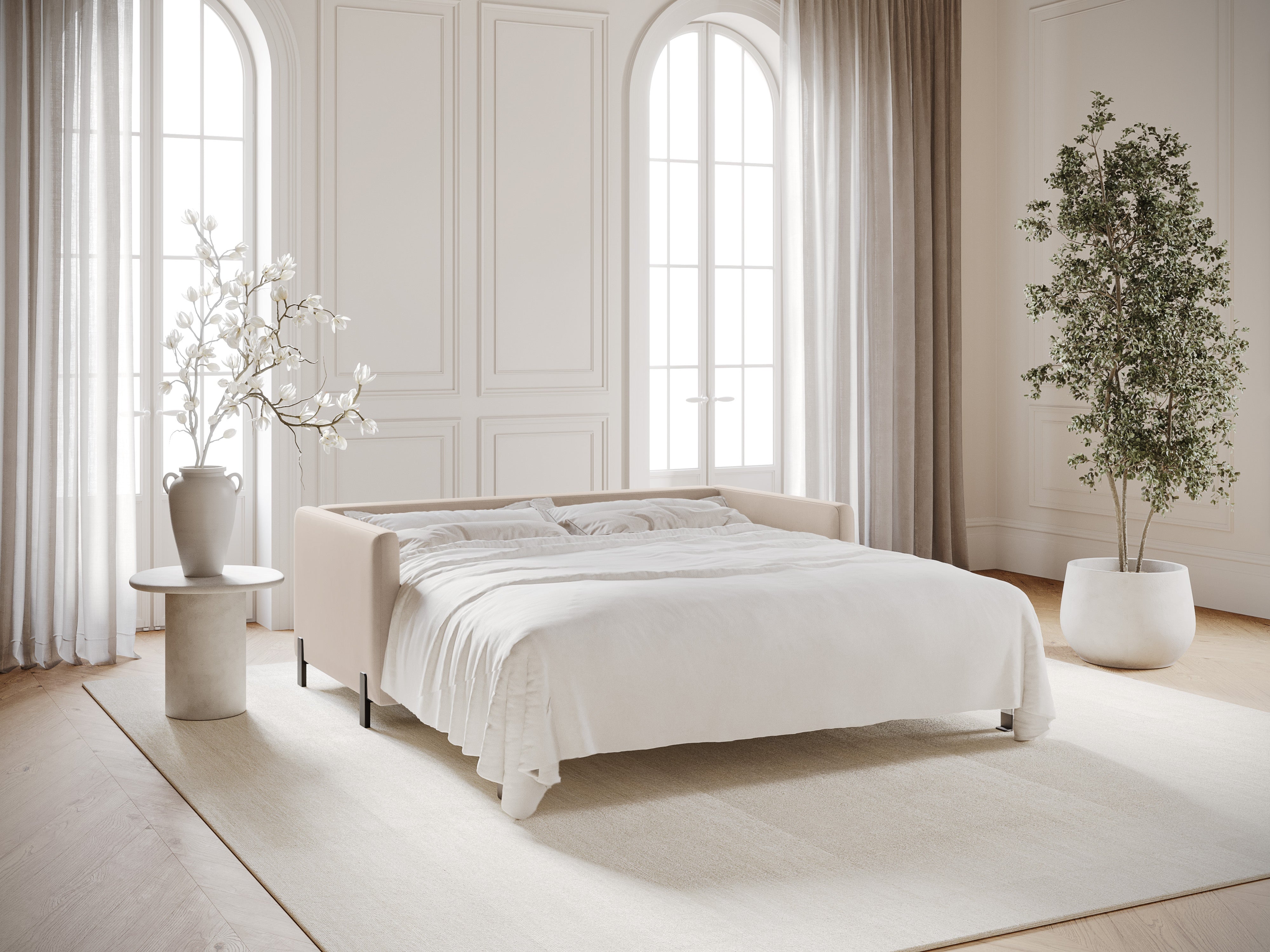 Beige 3-zits fluwelen bank met slaapfunctie GLORIA