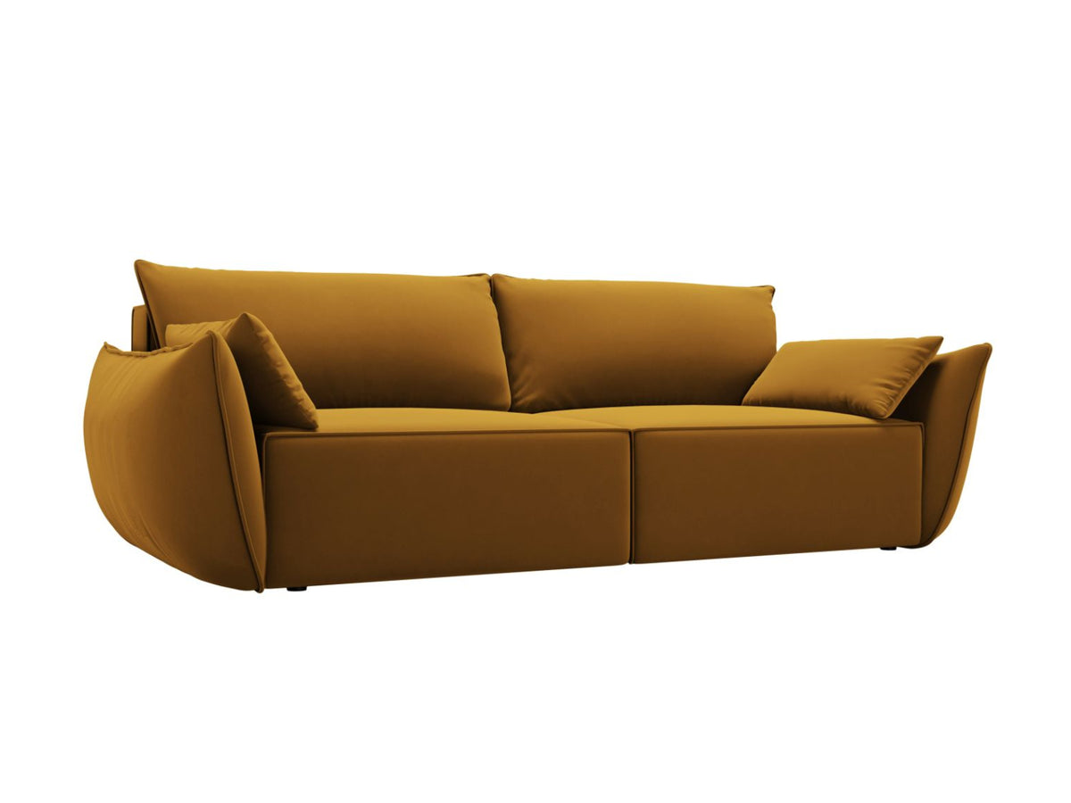 Sofa aksamitna 3-osobowa z funkcją spania KAELLE żółty – ujęcie boczne