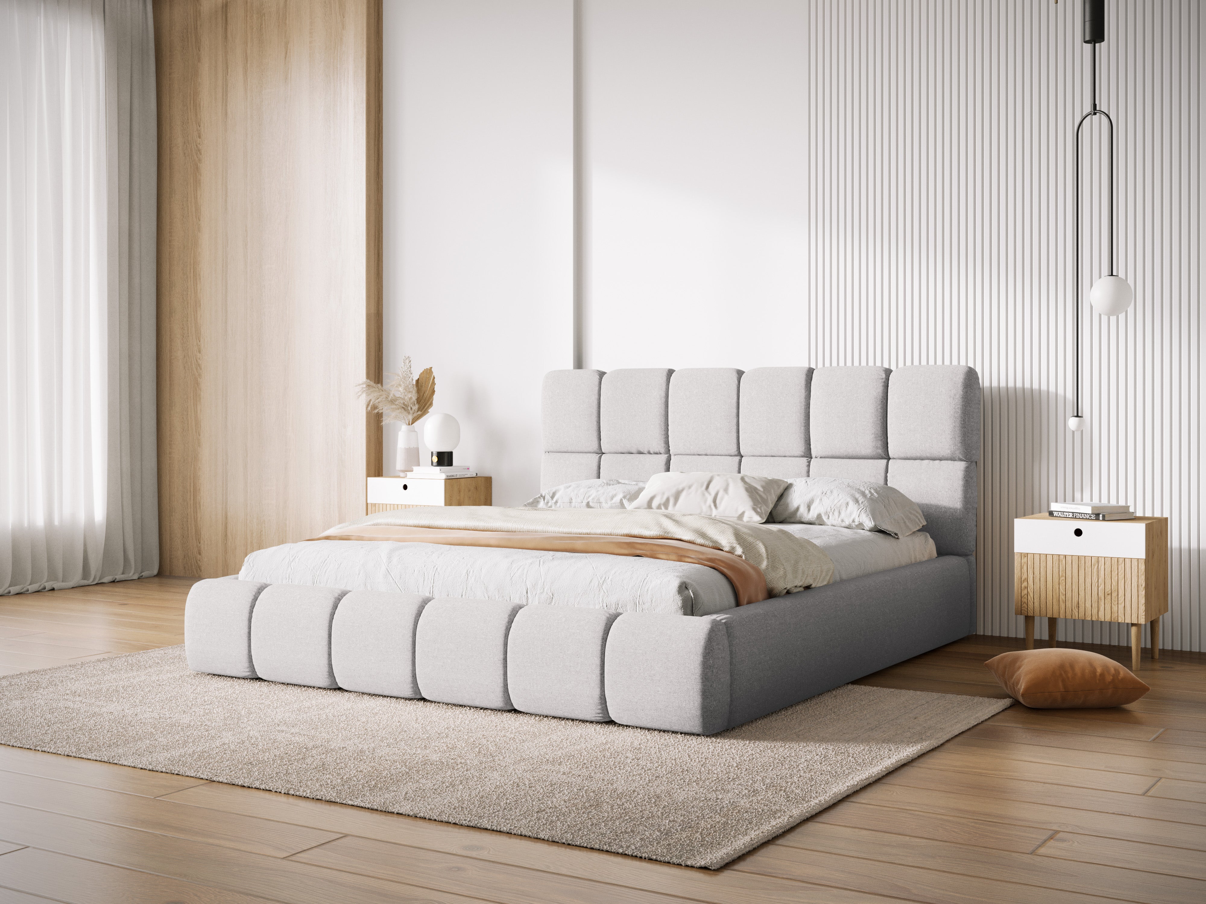 BELLIS bed met opbergruimte voor beddengoed in lichtgrijs zijdeachtig chenille