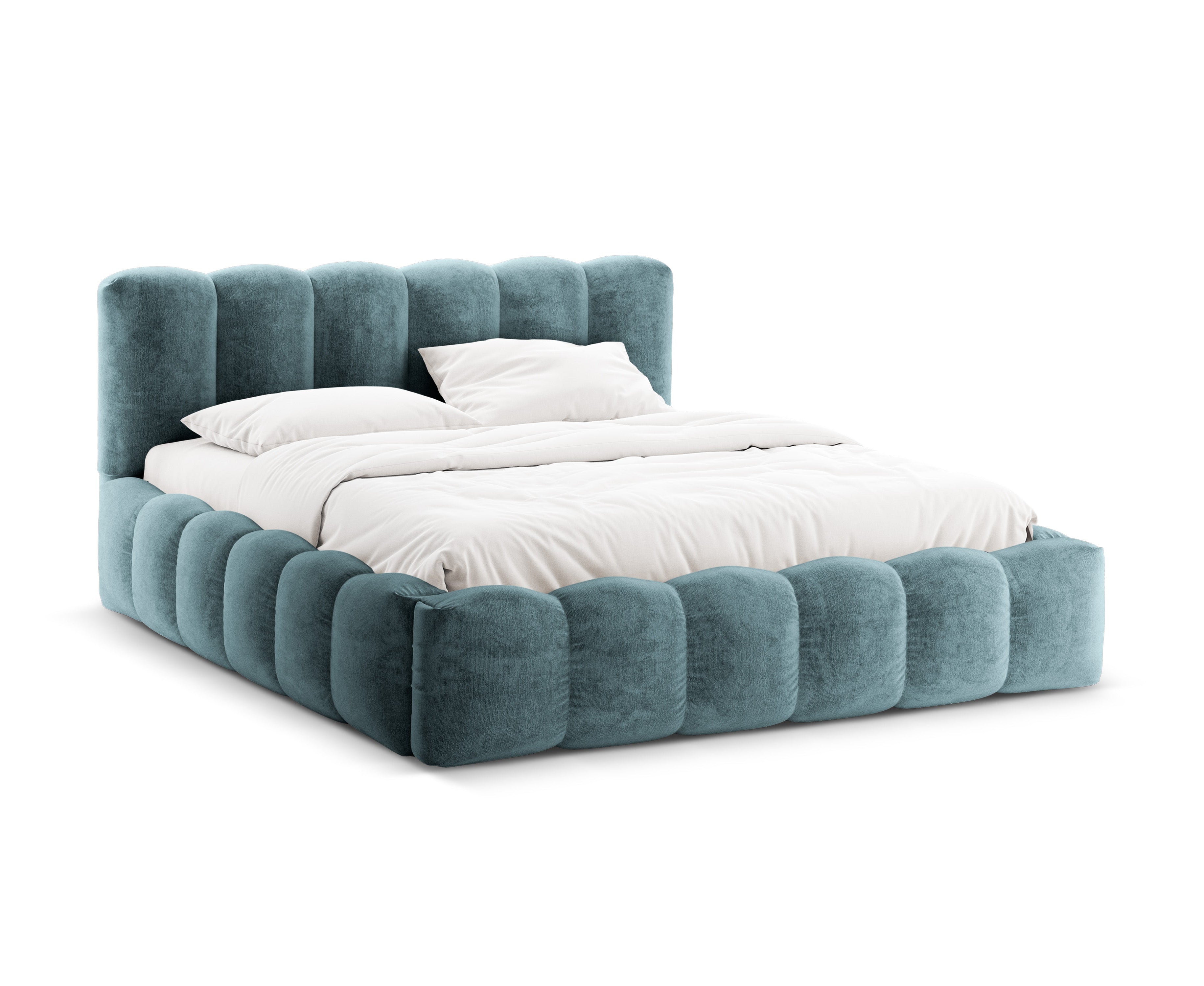 Bed met opbergruimte LUPINE spijkerblauw iriserend chenille