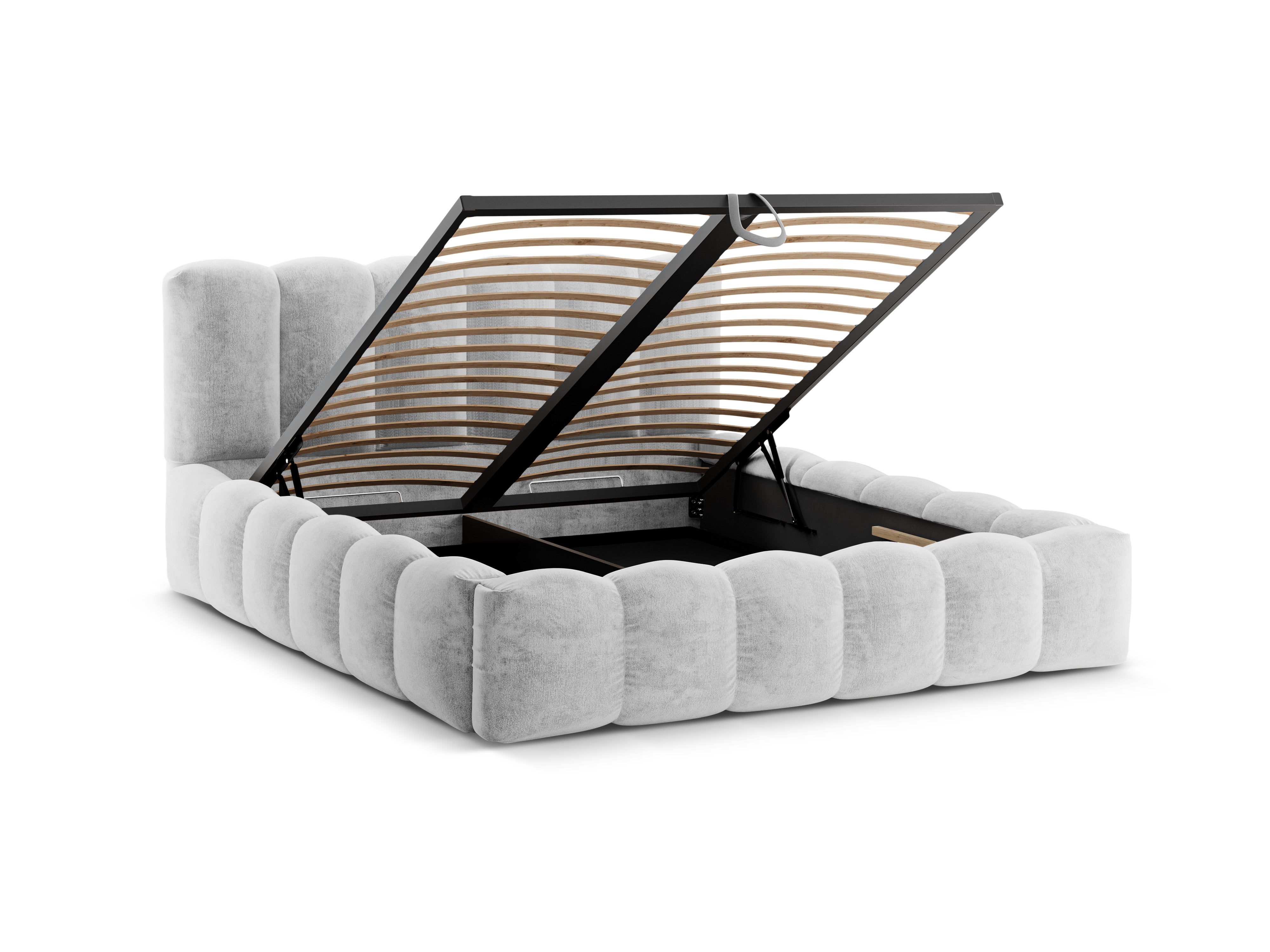 Bed met opbergruimte LUPINE zilver iriserend chenille