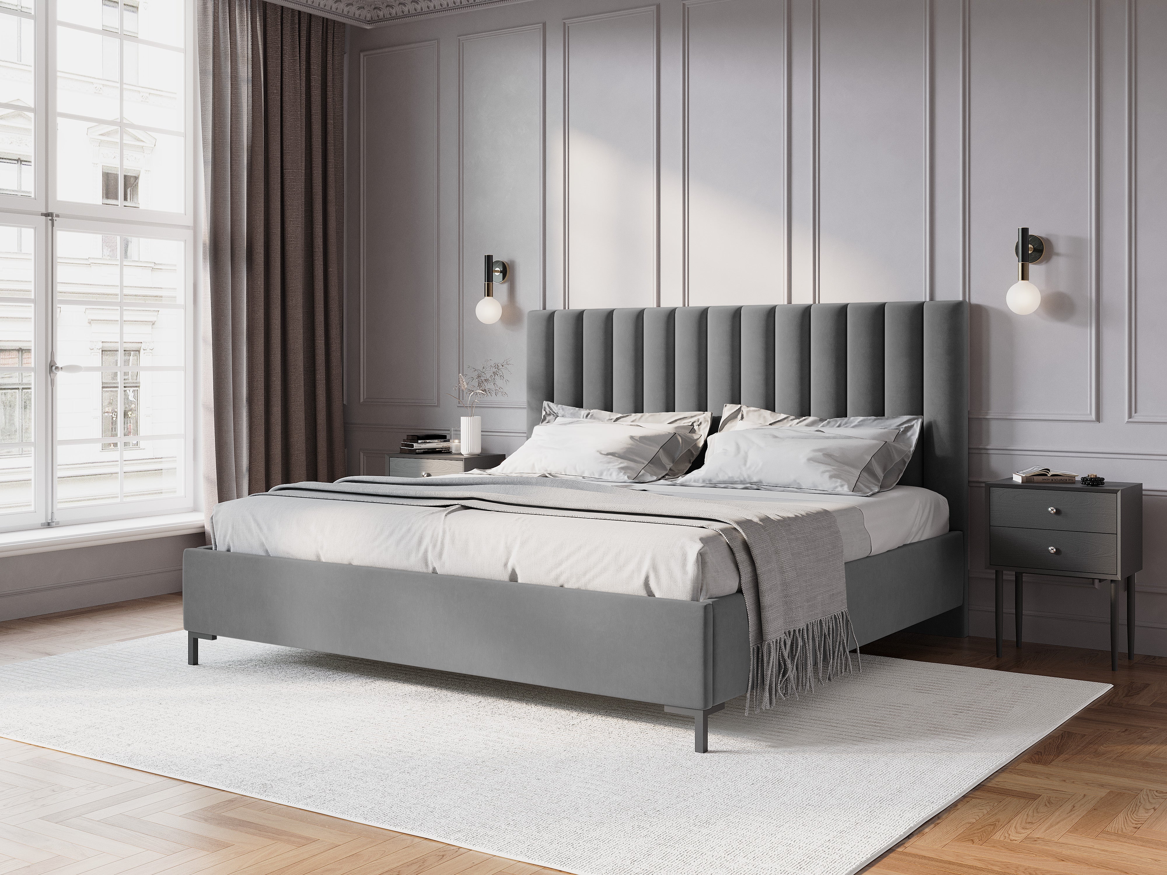 Velours bed met opbergruimte voor beddengoed ALLISON grijs