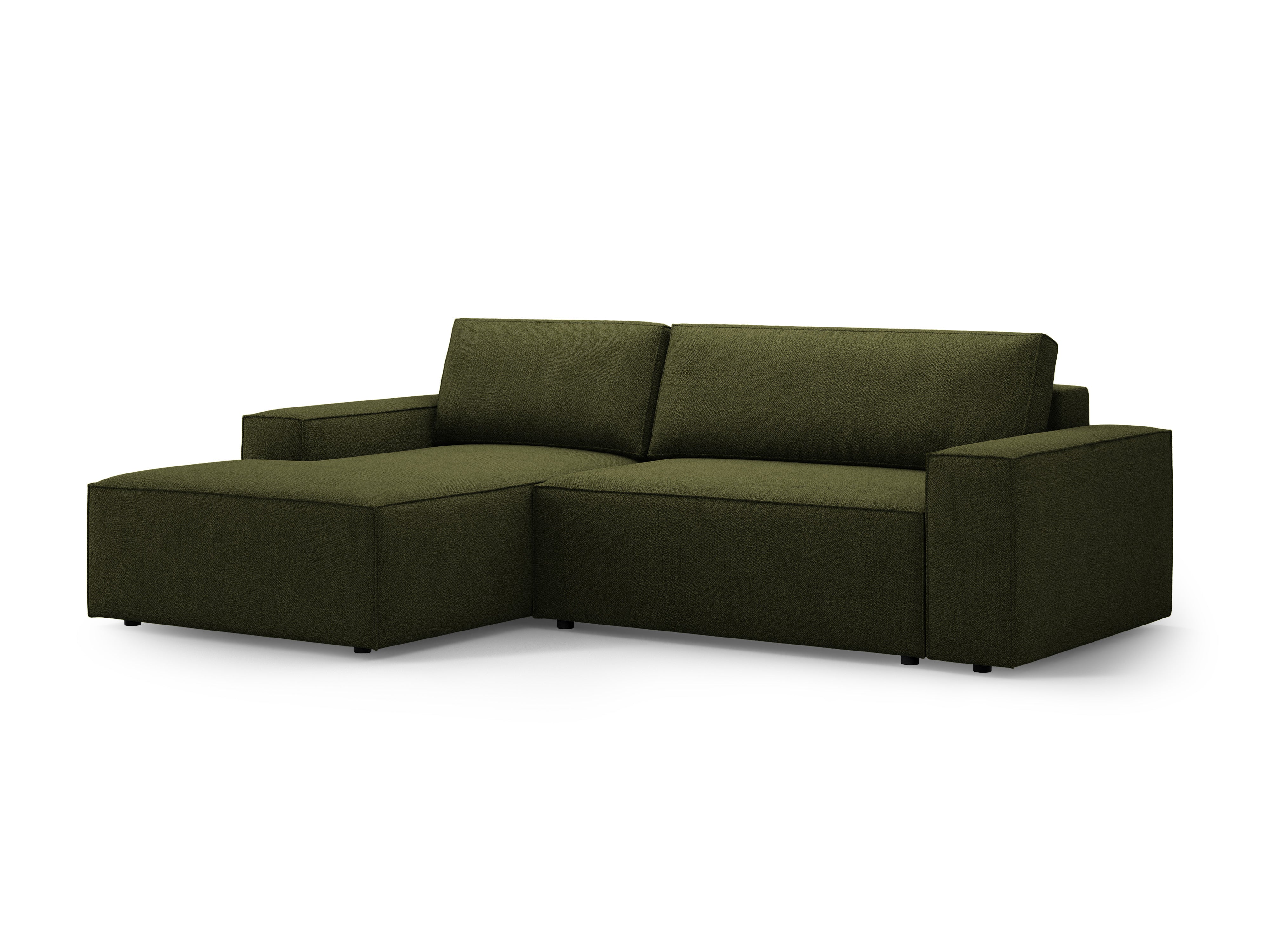 Left-facing corner sofa bed JODIE in dark olive green boucle