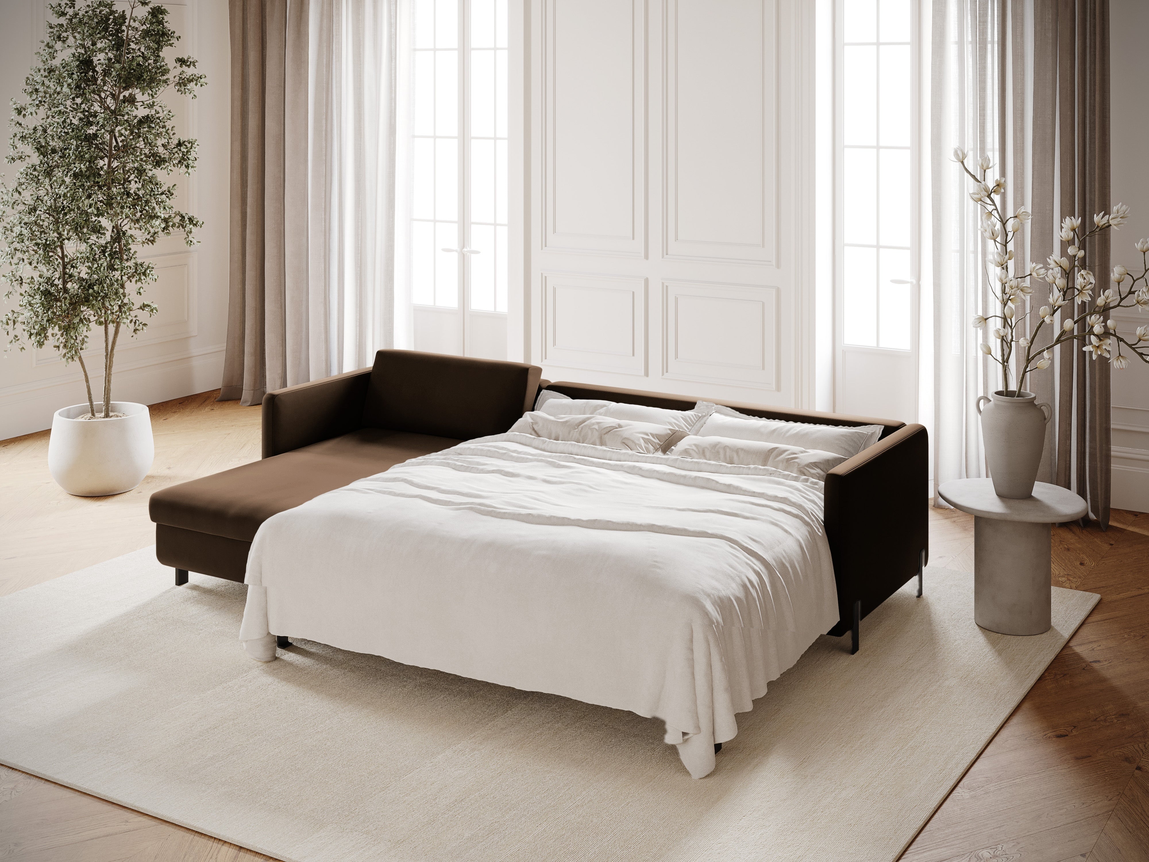 Chocolade linkszijdige fluwelen hoekbank met slaapfunctie GLORIA