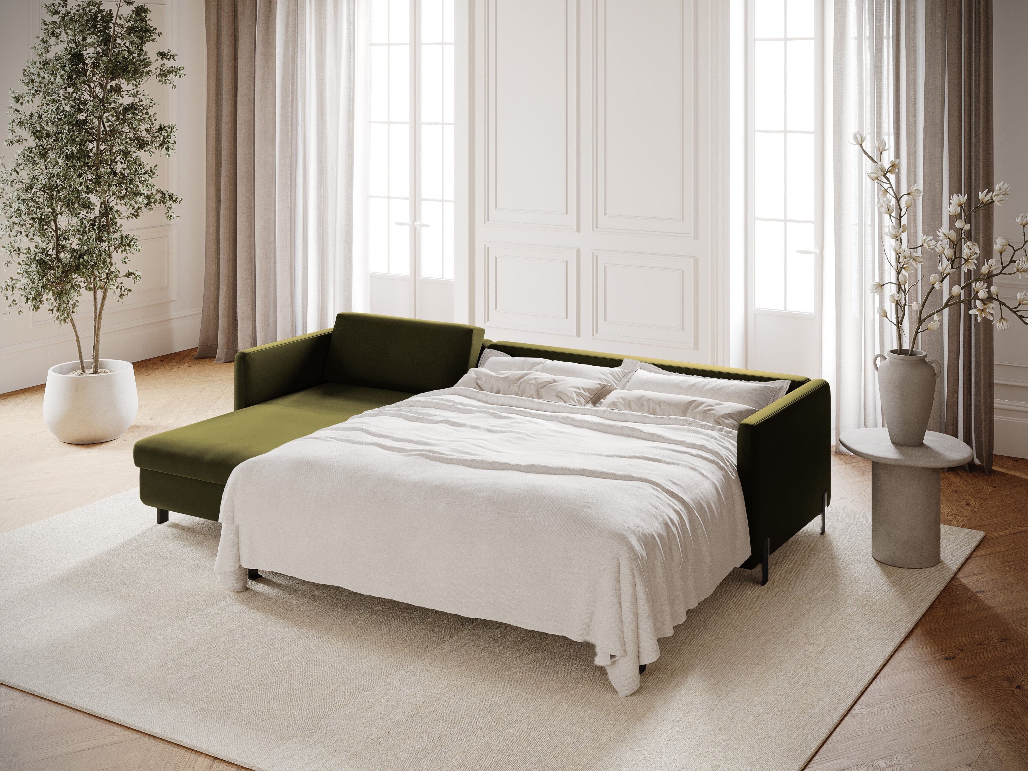 Groene linkszijdige fluwelen hoekbank met slaapfunctie GLORIA