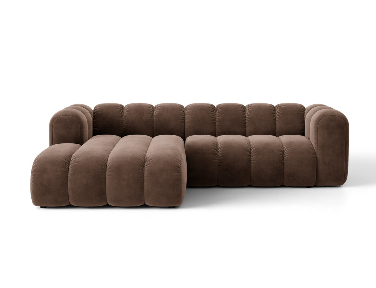 Narożnik aksamitny lewostronny z funkcją spania LUPINE czekoladowy – Micadoni