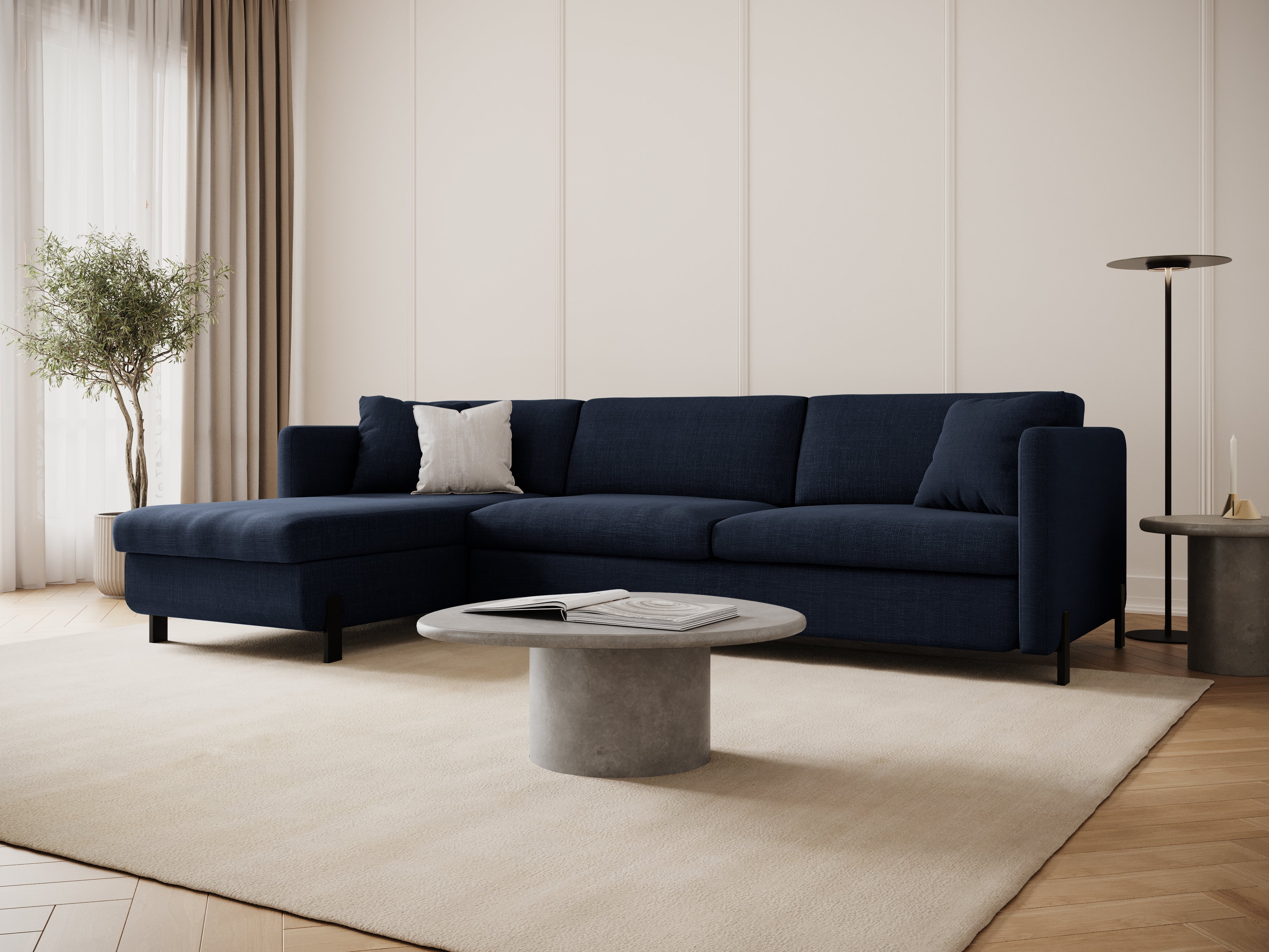 Linksseitiges 4-Sitzer Schlafsofa GLORIA in blauer Chenille