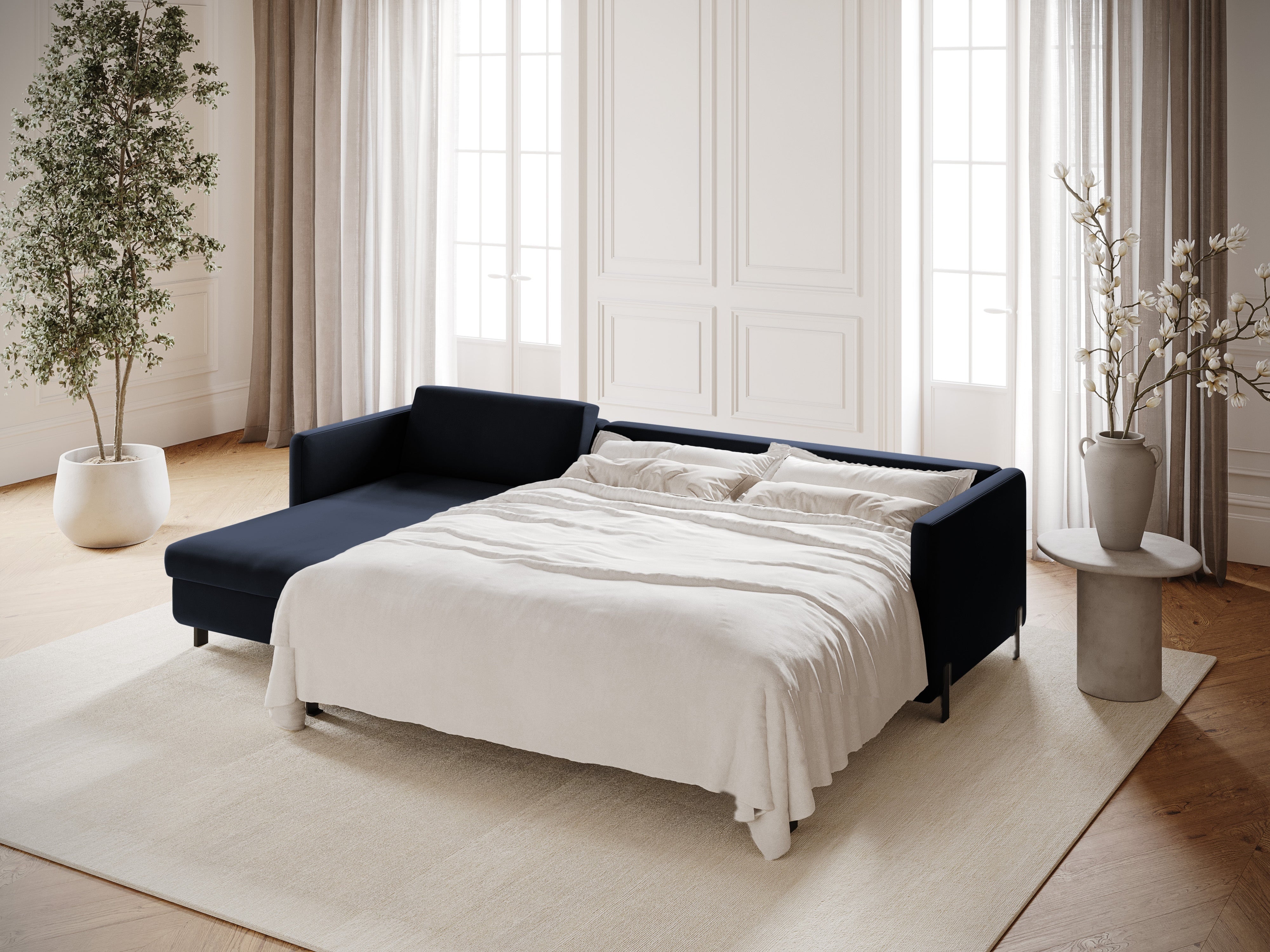 Fluwelen hoekbank links 4-persoons met slaapfunctie GLORIA koninklijk blauw