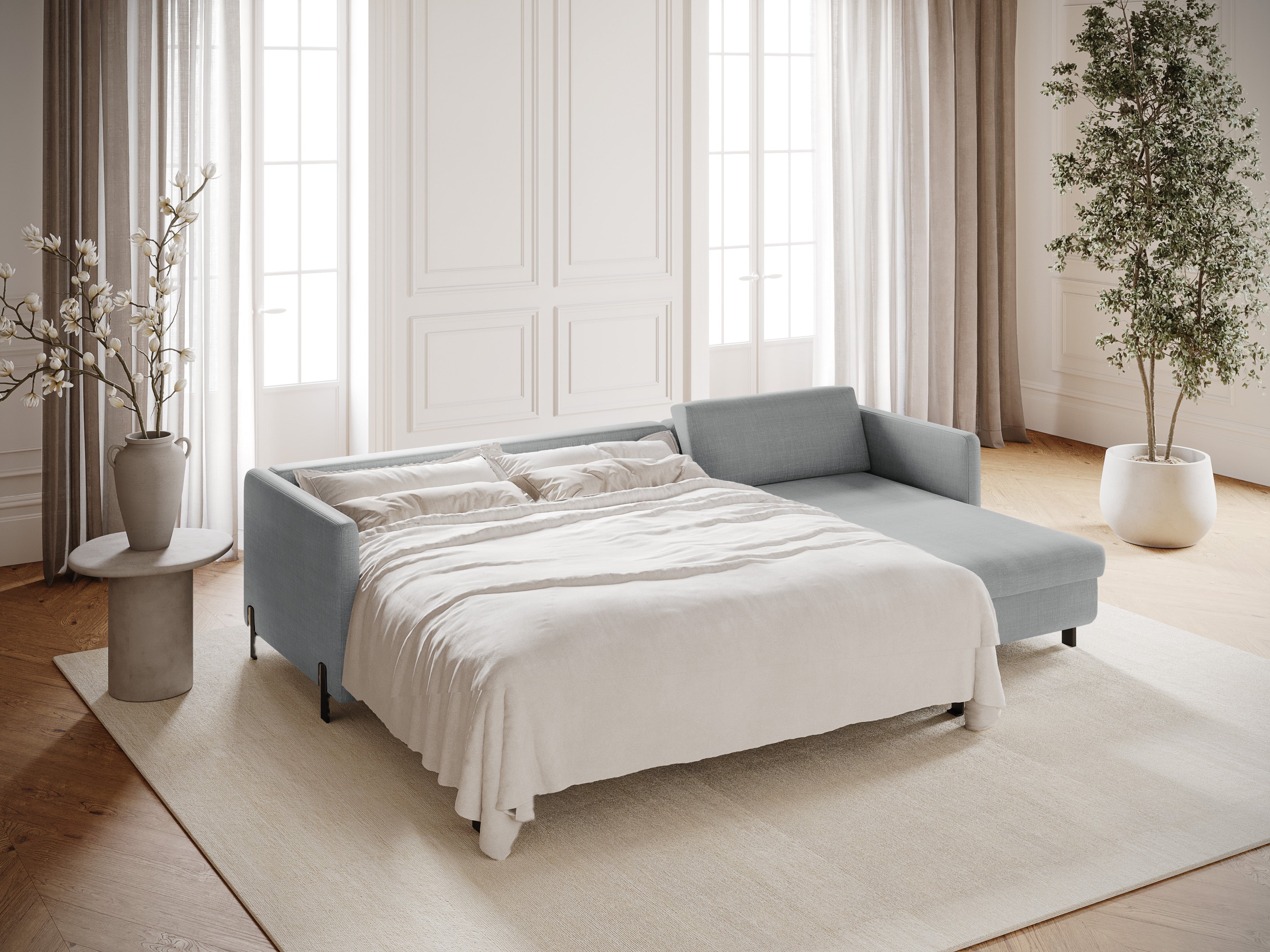 Rechtsseitige Schlafcouch GLORIA in hellgrauem Chenille