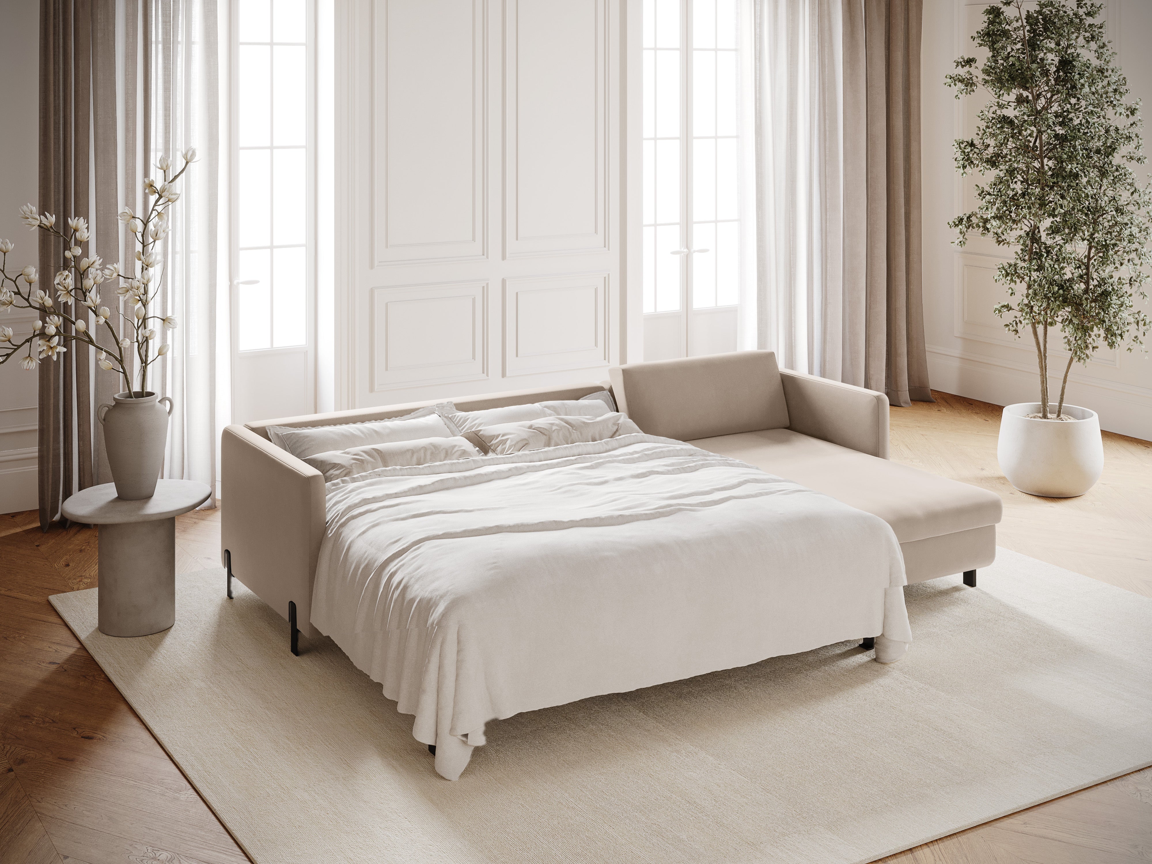 Samt-Ecksofa rechts mit Schlaffunktion GLORIA beige
