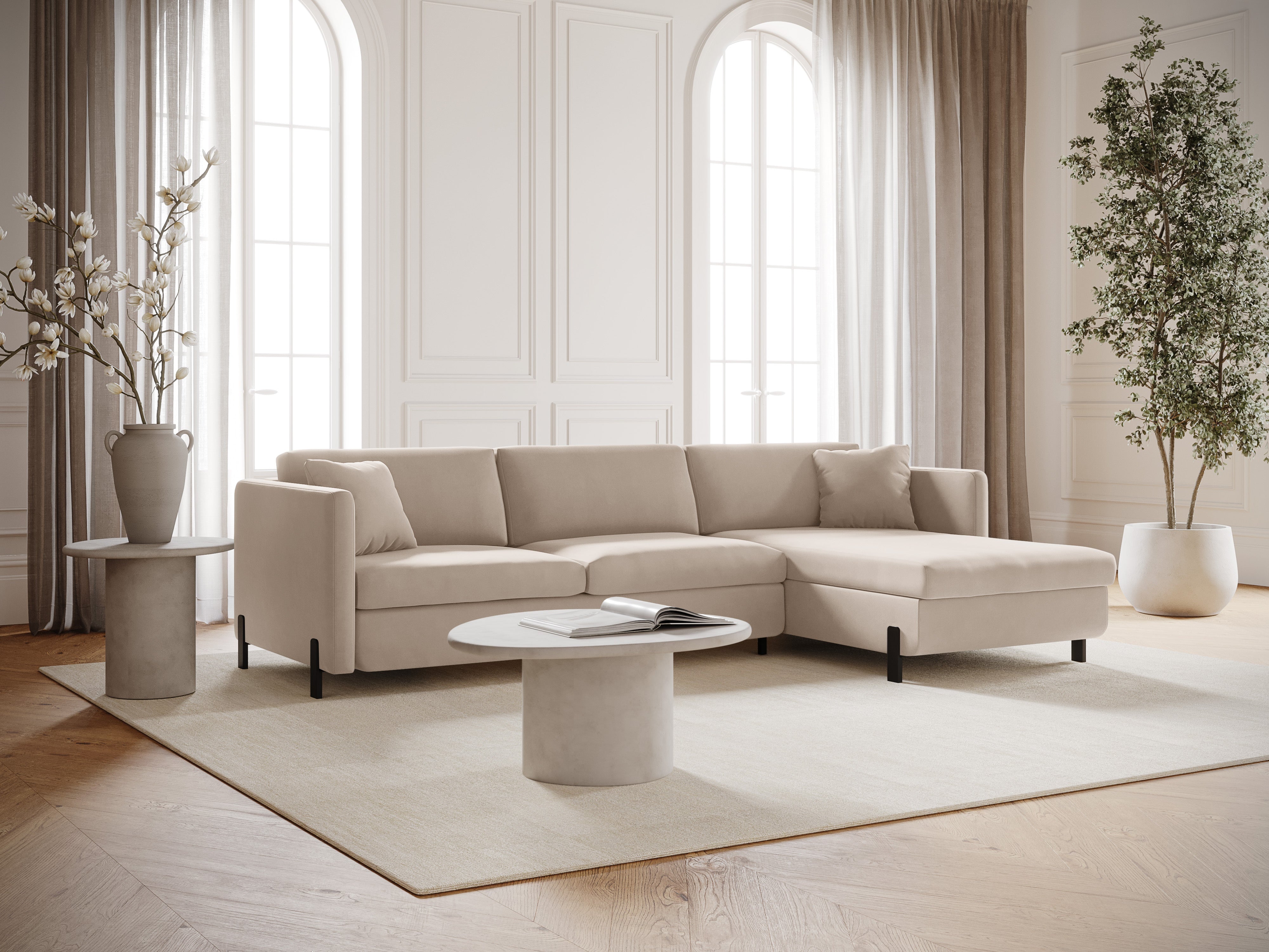 Samt-Ecksofa rechts mit Schlaffunktion GLORIA beige