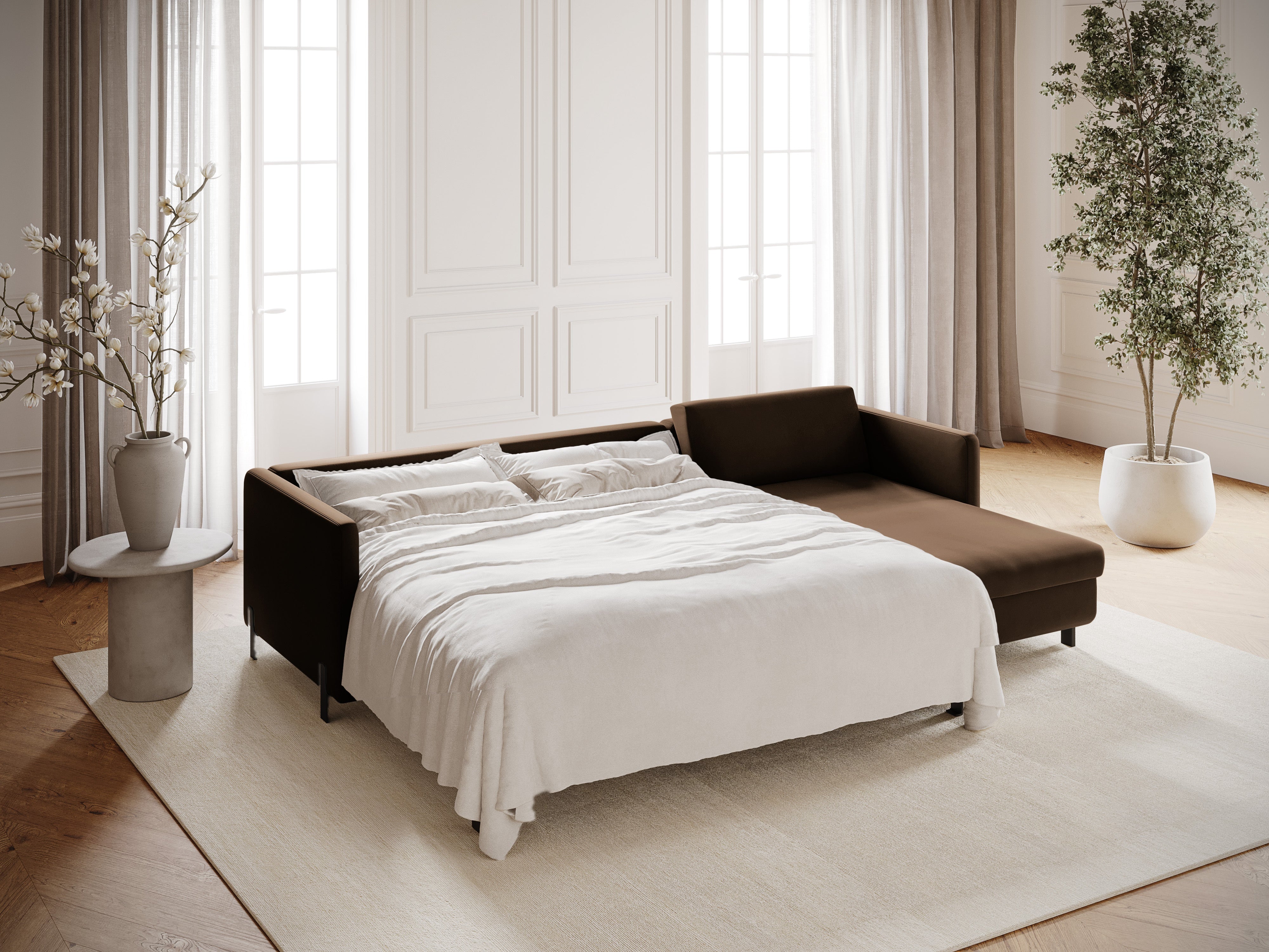 Samt-Ecksofa rechts mit Schlaffunktion GLORIA schokoladenbraun