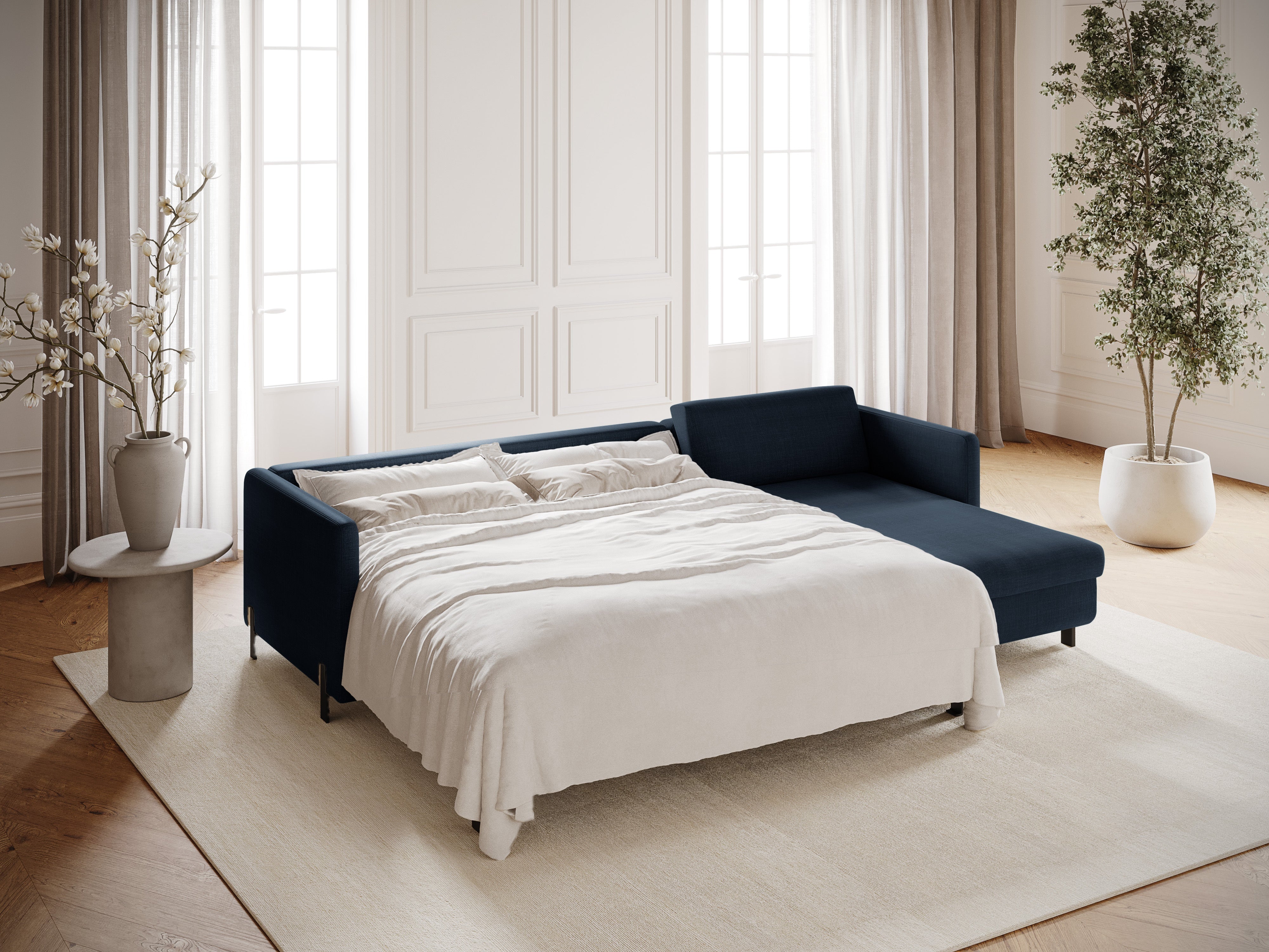 Rechthoekige 4-persoons bank met slaapfunctie GLORIA blauwe chenille