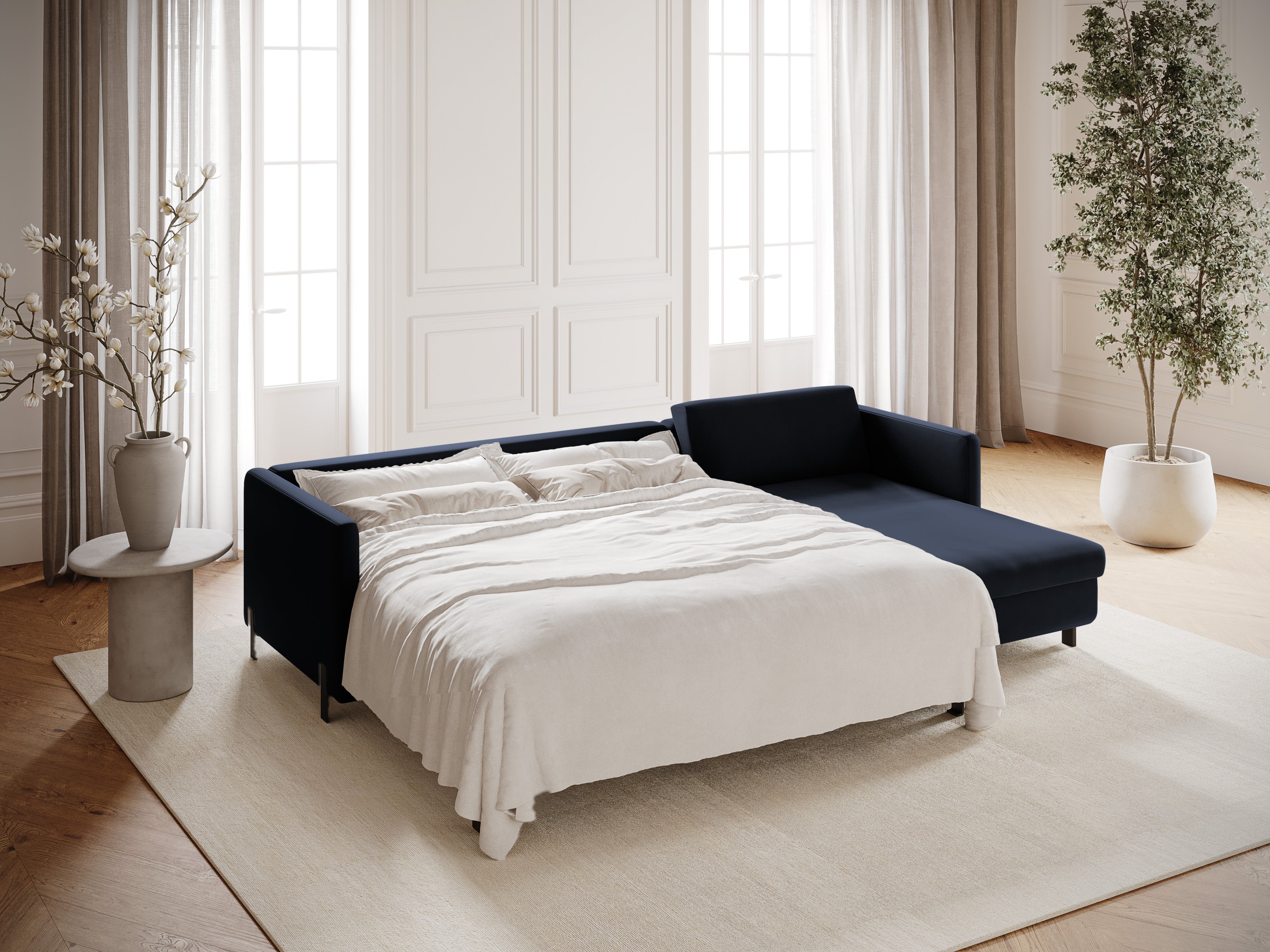 Fluwelen hoekbank rechts 4-persoons met slaapfunctie GLORIA koninklijk blauw