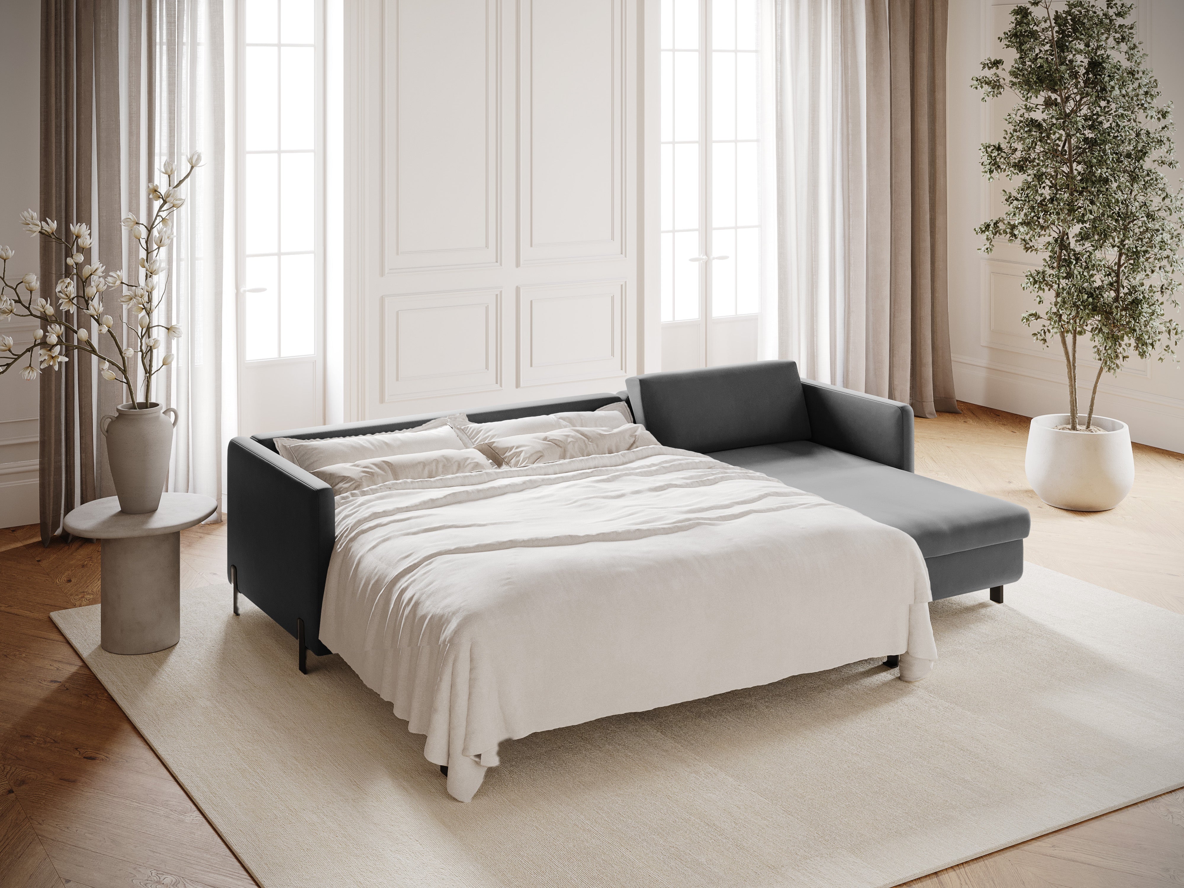 Gray right-facing velvet corner sofa for 4 people with sleeping function GLORIA