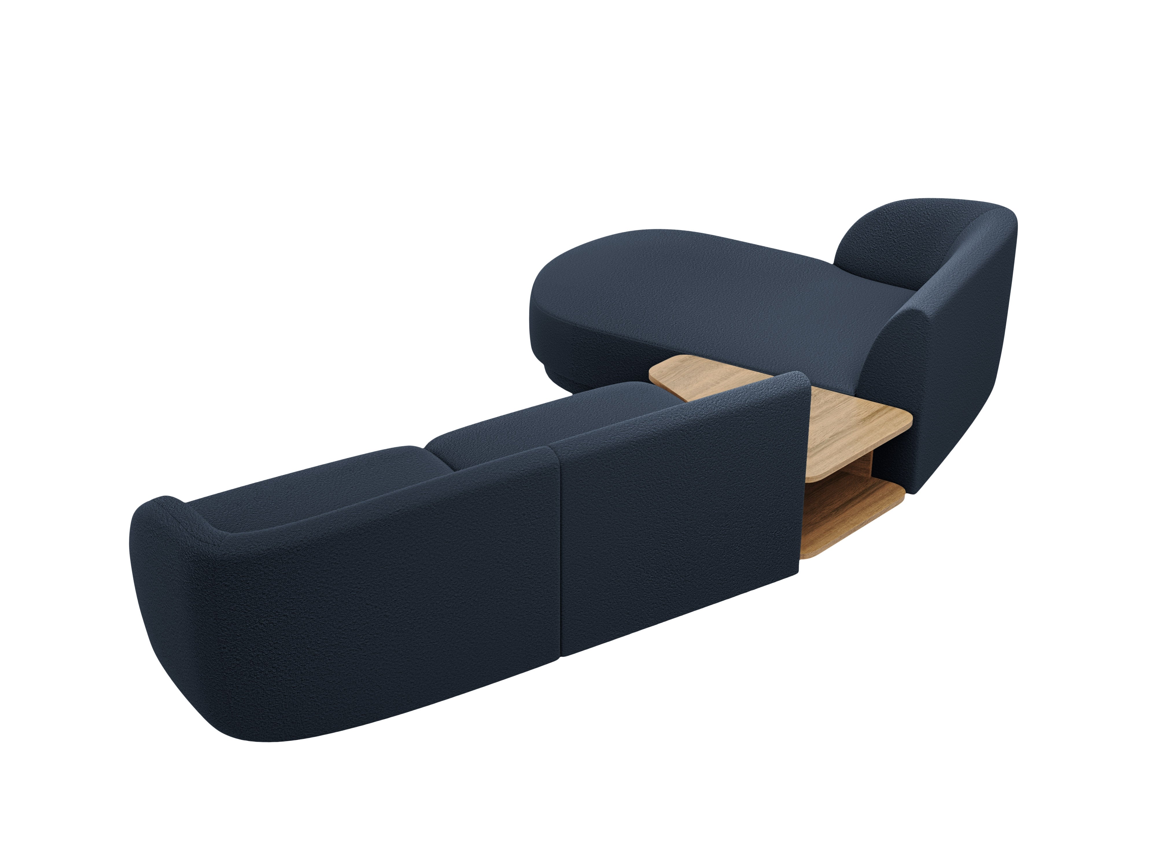Modulares Ecksofa mit Tisch, 3-Sitzer, linksseitig, MILEY, dunkelblau Boucle