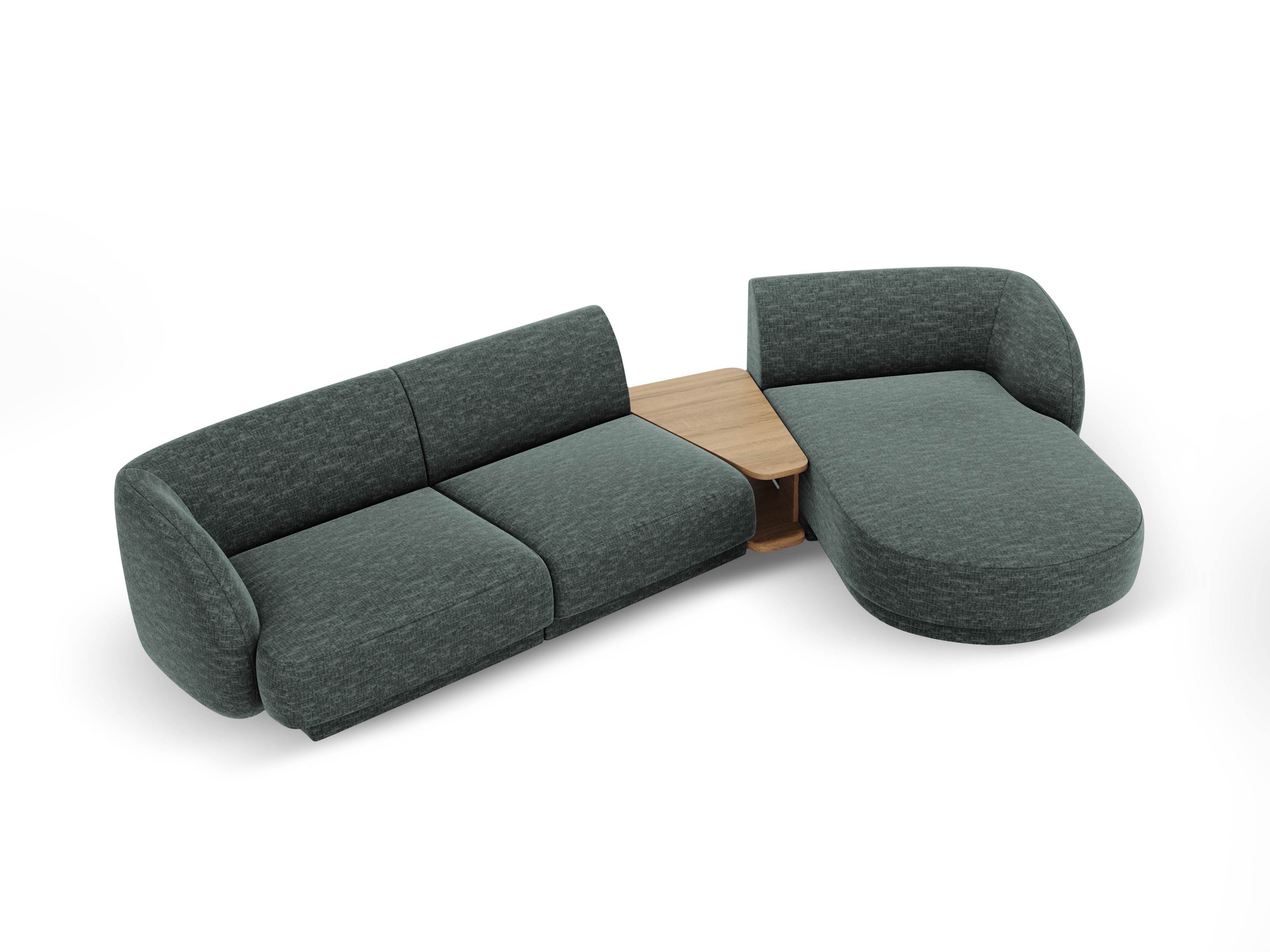 Modulares Ecksofa mit Tisch, 3-Sitzer, rechtsseitig, MILEY, petrol, schimmernder Chenille