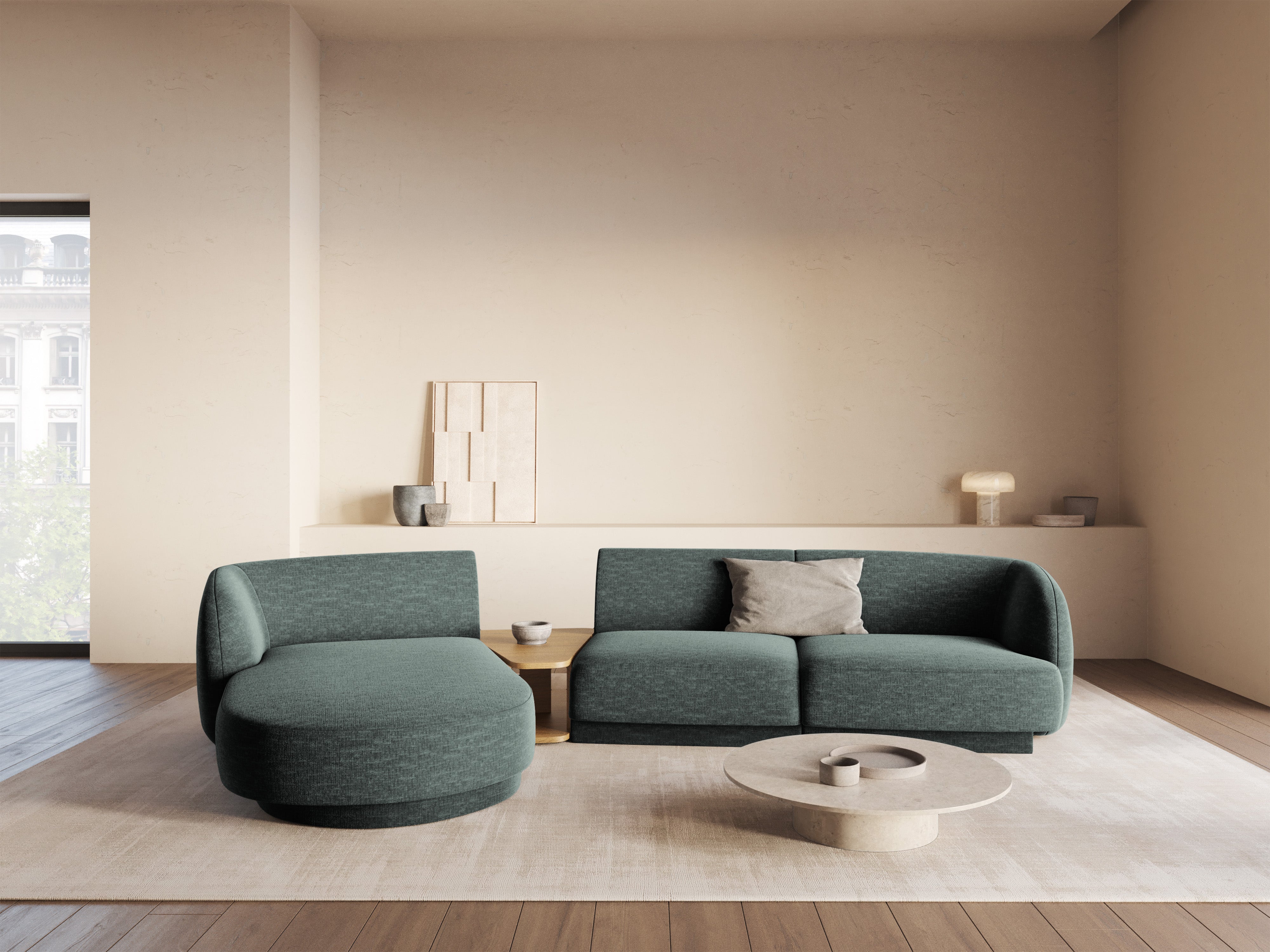 Modular corner sofa with table 3-seater left-sided MILEY petrol silky chenille