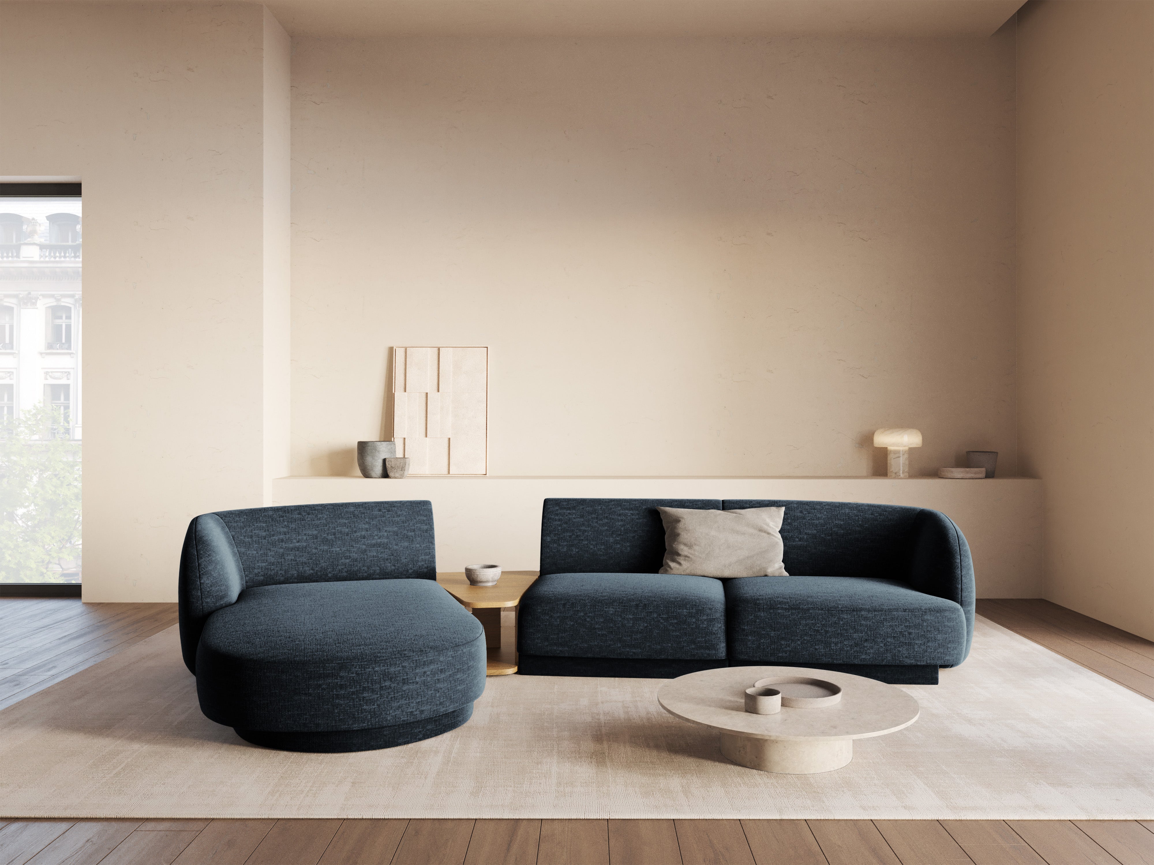 Modular corner sofa with table 3-seater left-sided MILEY royal blue silky chenille