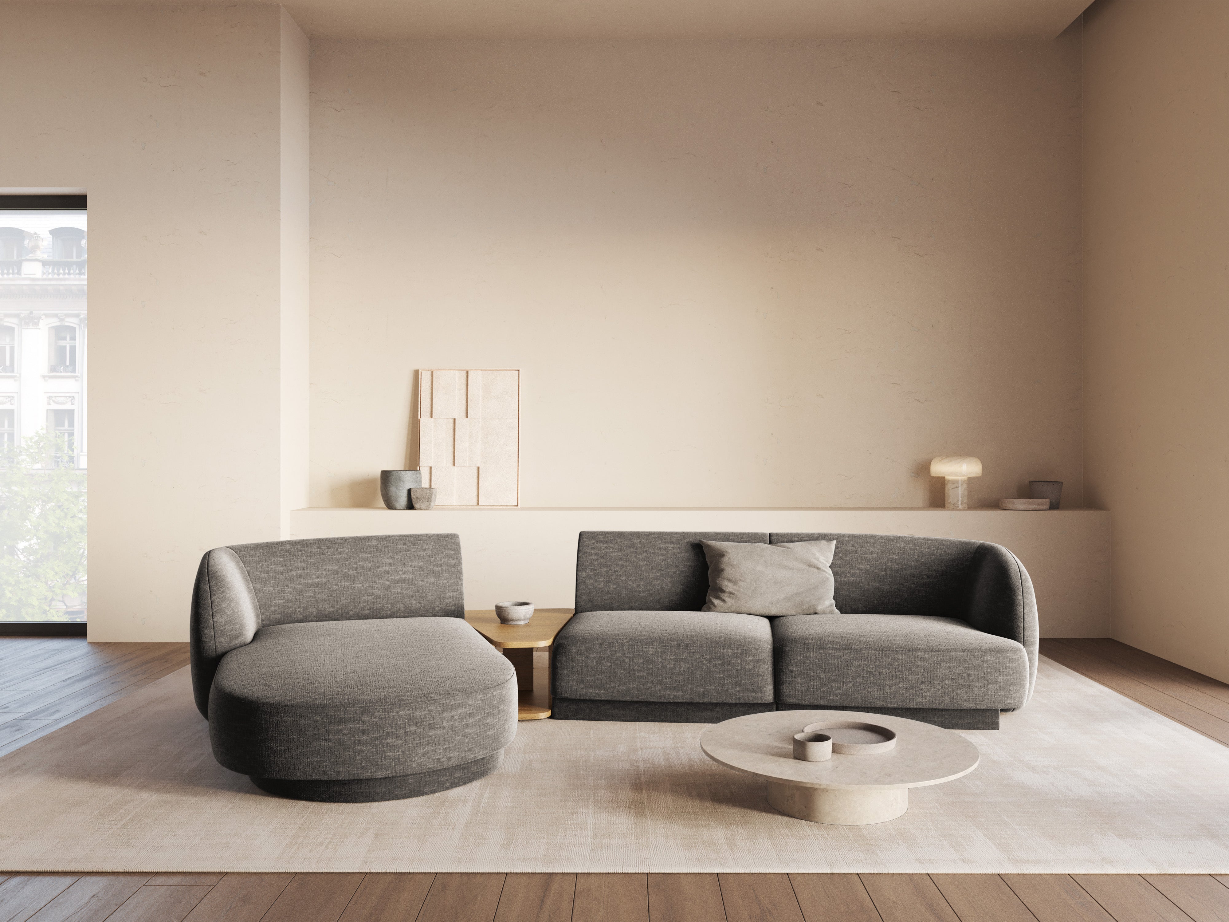 Modular corner sofa with table 3-seater left-sided MILEY gray chenille silky