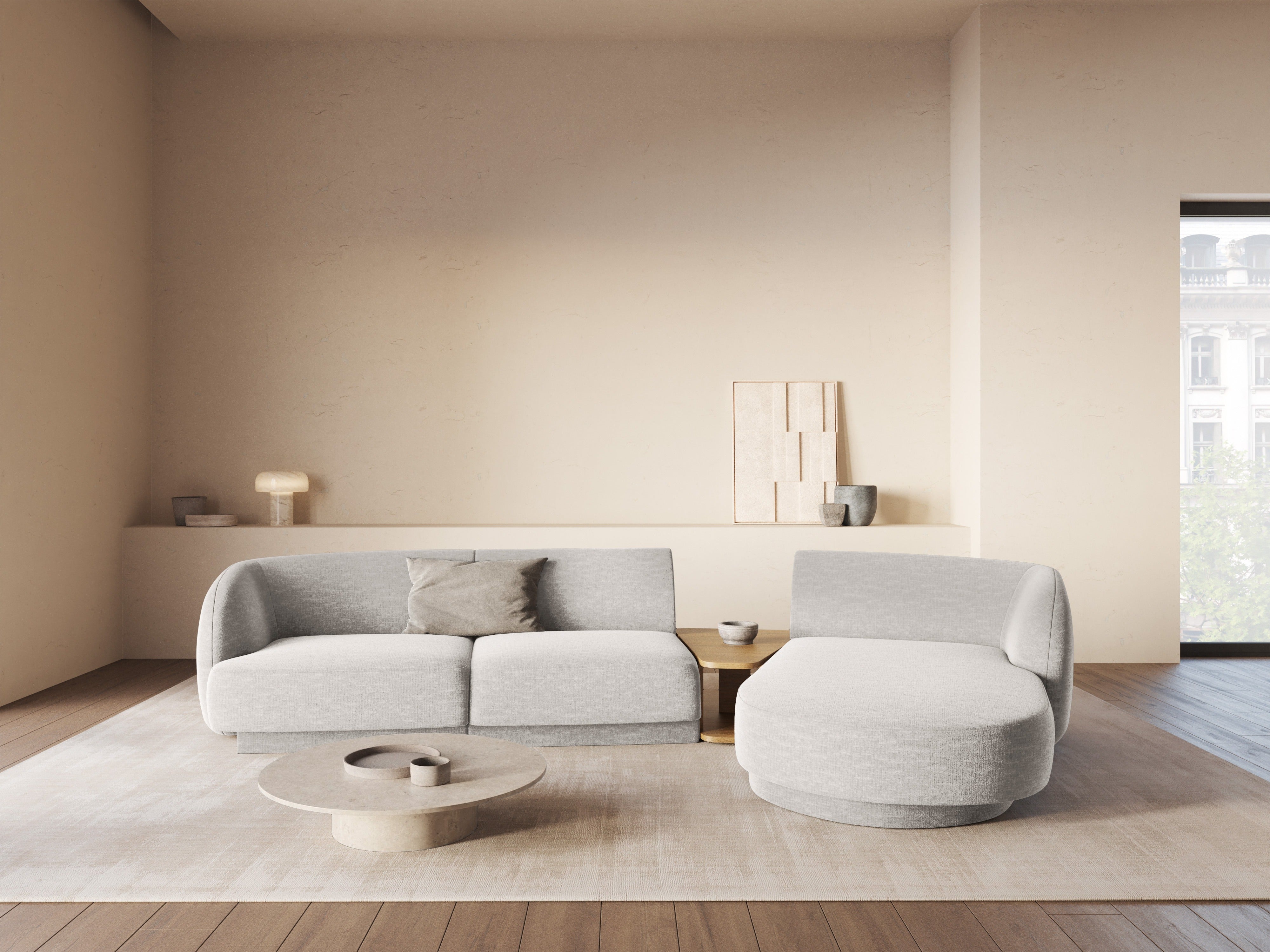 Modulares Ecksofa mit Tisch, 3-Sitzer, rechtsseitig, MILEY, graues Chenille