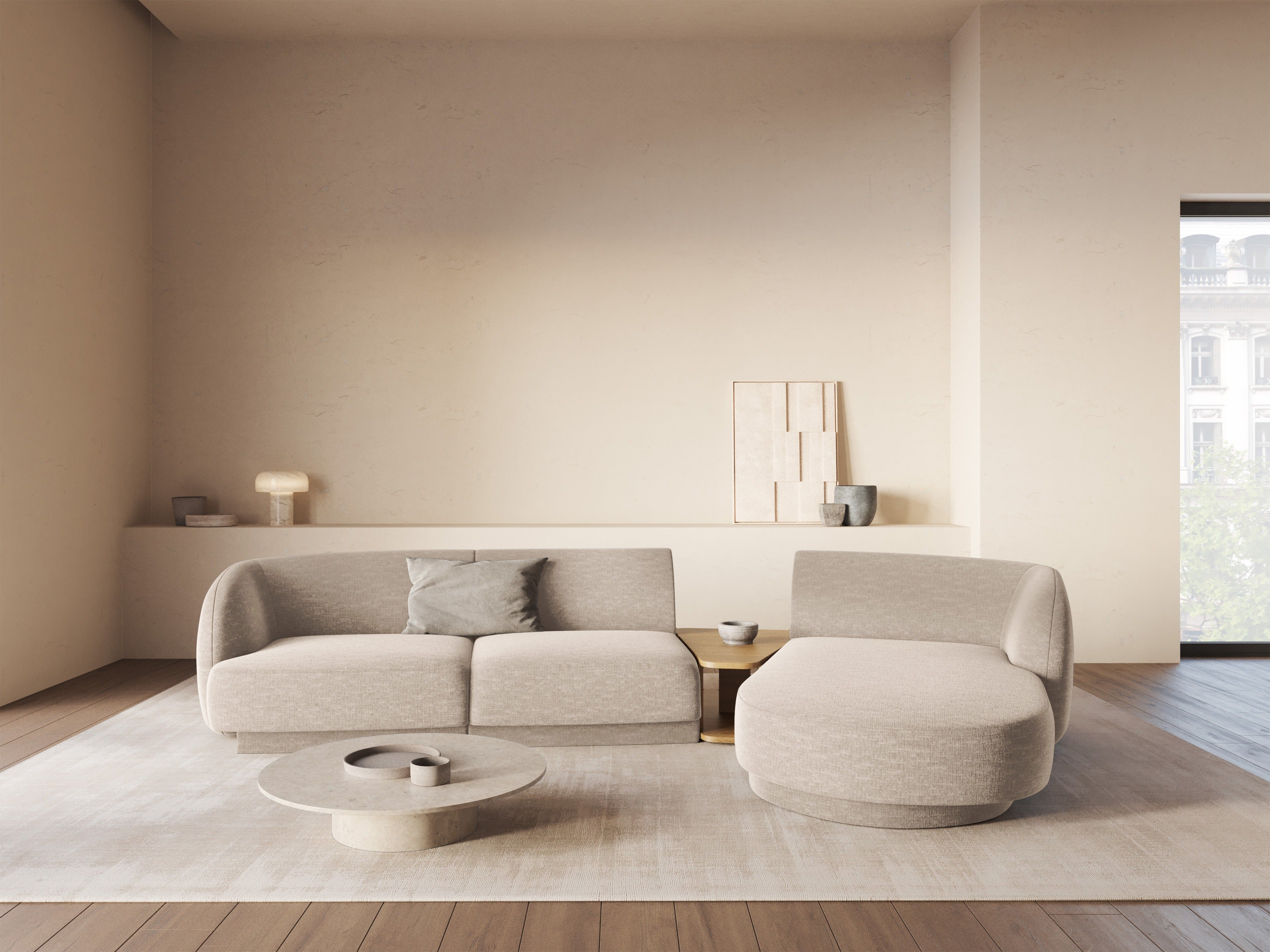Modulares Ecksofa mit Tisch 3-sitzig rechts MILEY beige Chenille