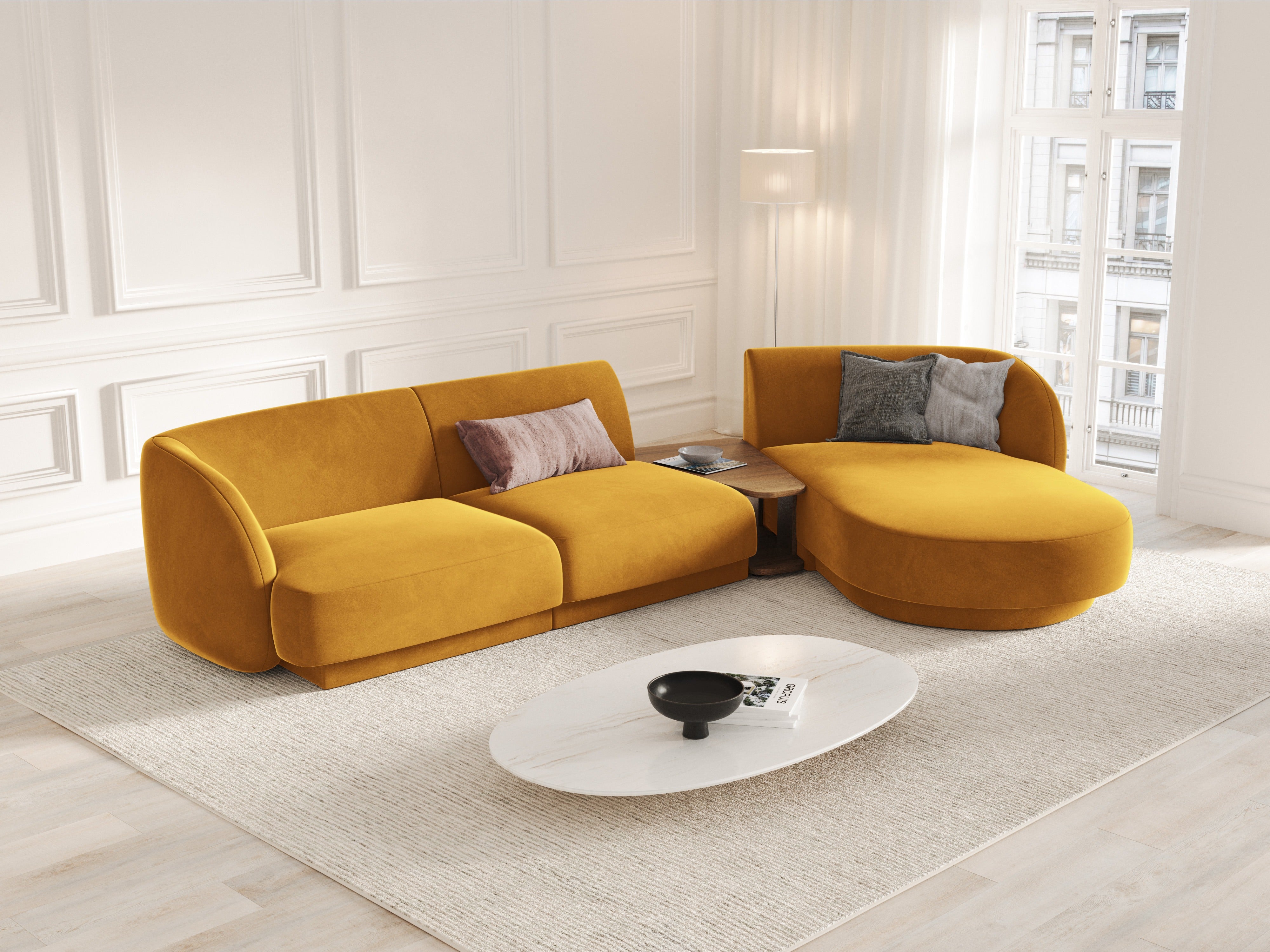 Modular corner sofa with table 3-seater right-sided velvet MILEY yellow