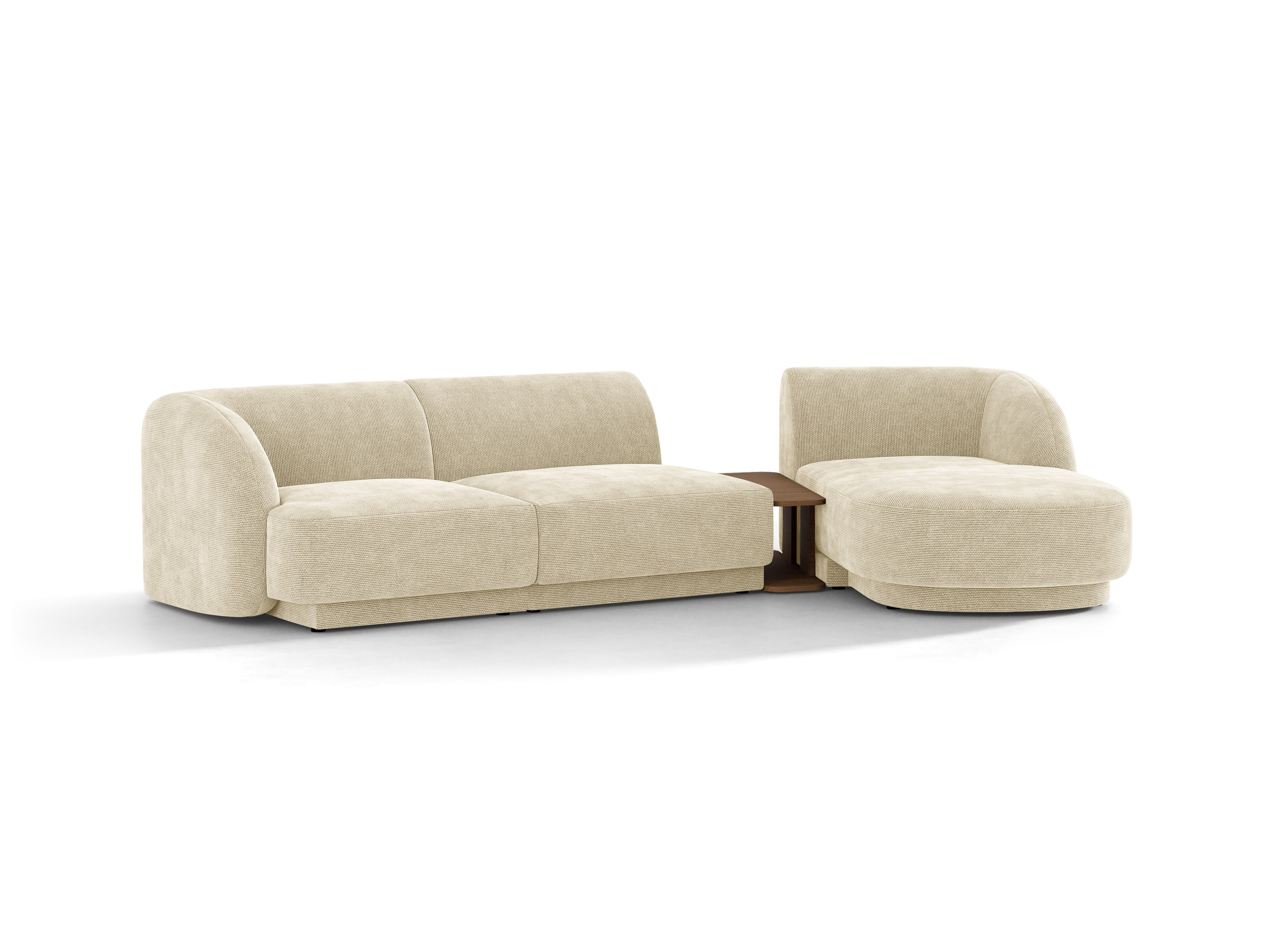 Narożnik modułowy ze stolikiem 3-osobowy prawostronny MILEY jasnobeżowy szenil jedwabisty – sofa narożna