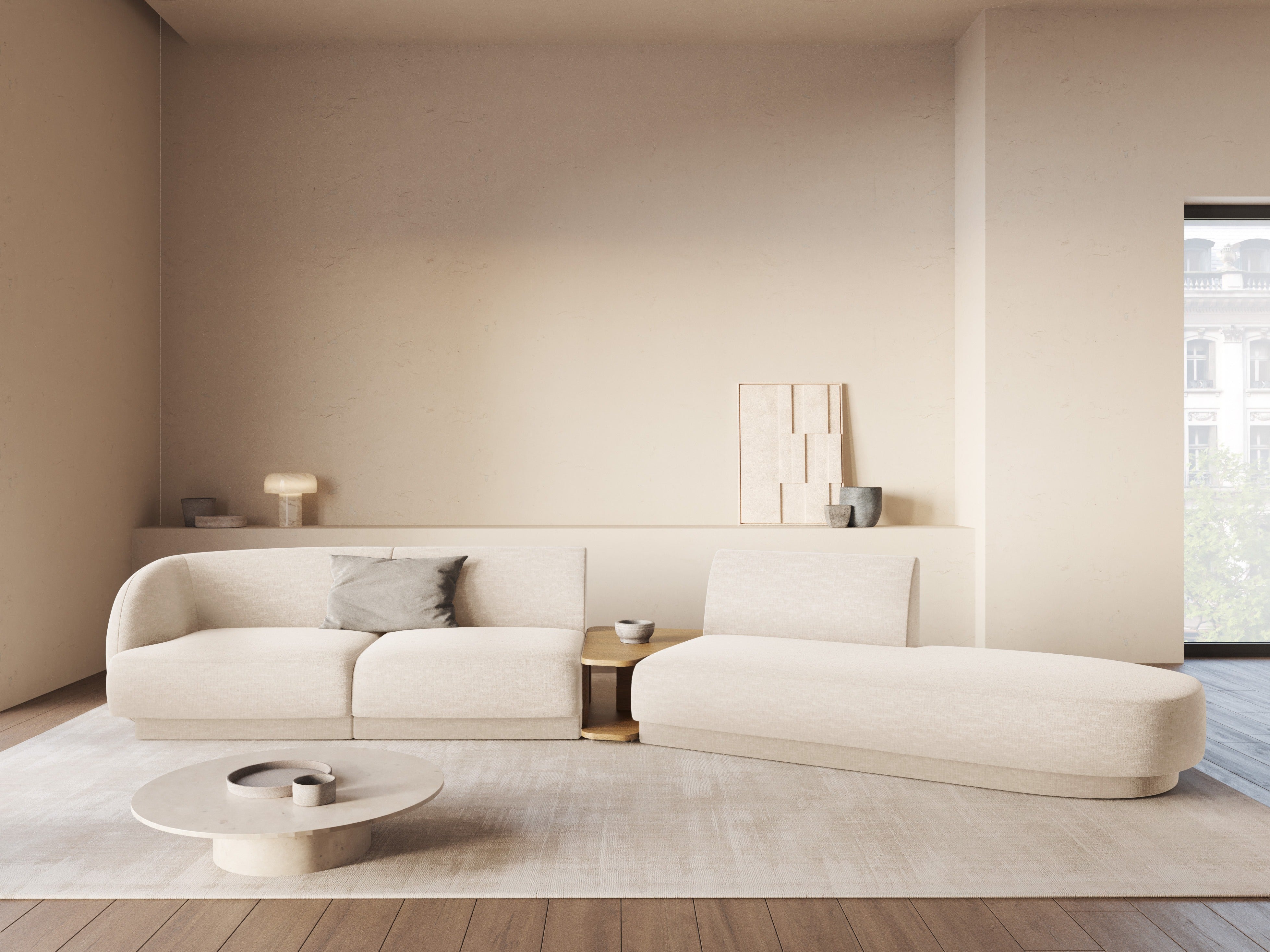 Modulares Sofa mit Tisch, 4-Sitzer, rechtsseitig, MILEY, hellbeige, seidiger Chenille