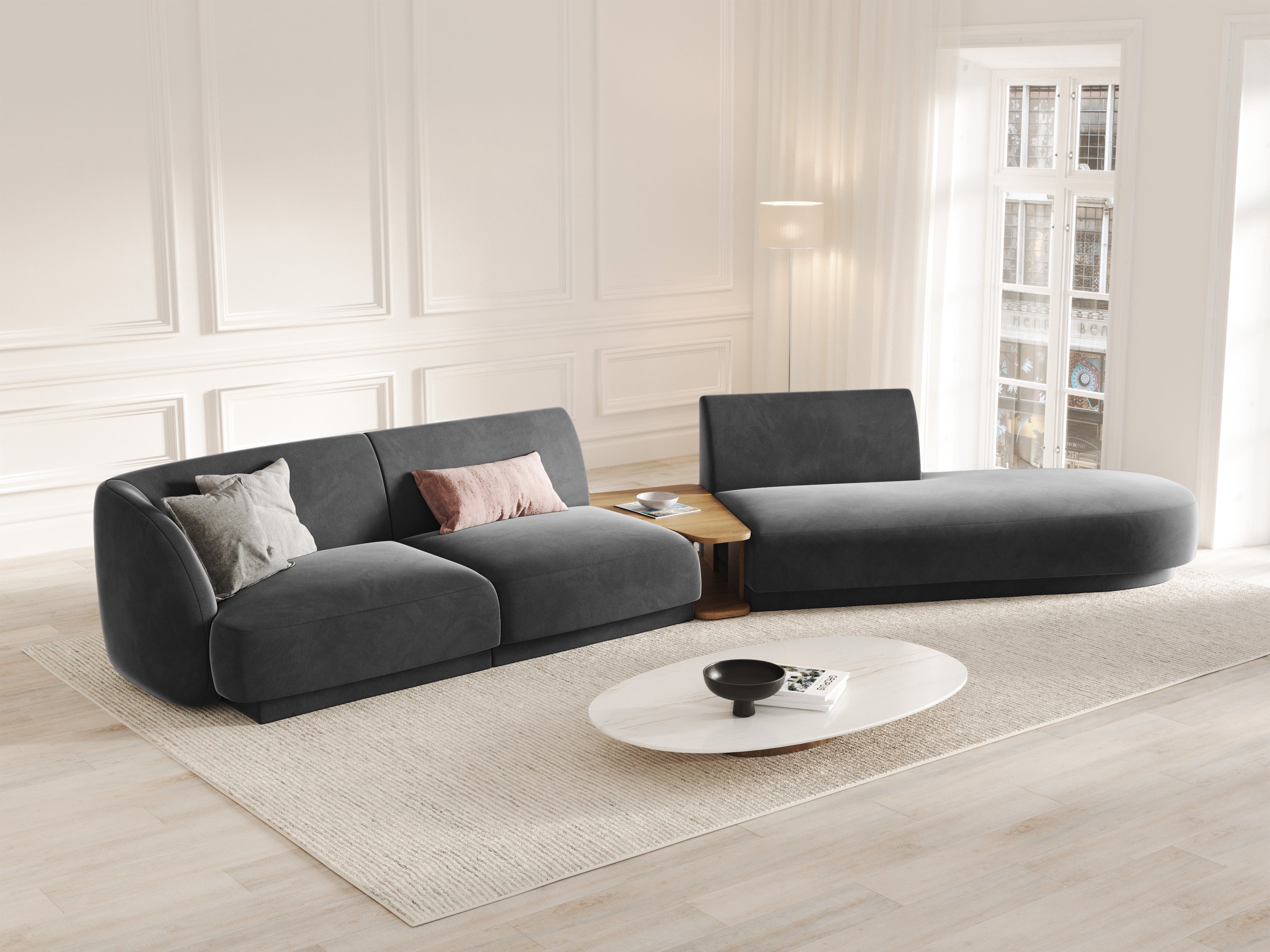 Right-facing modular sofa with table for 4 people in velvet MILEY gray
