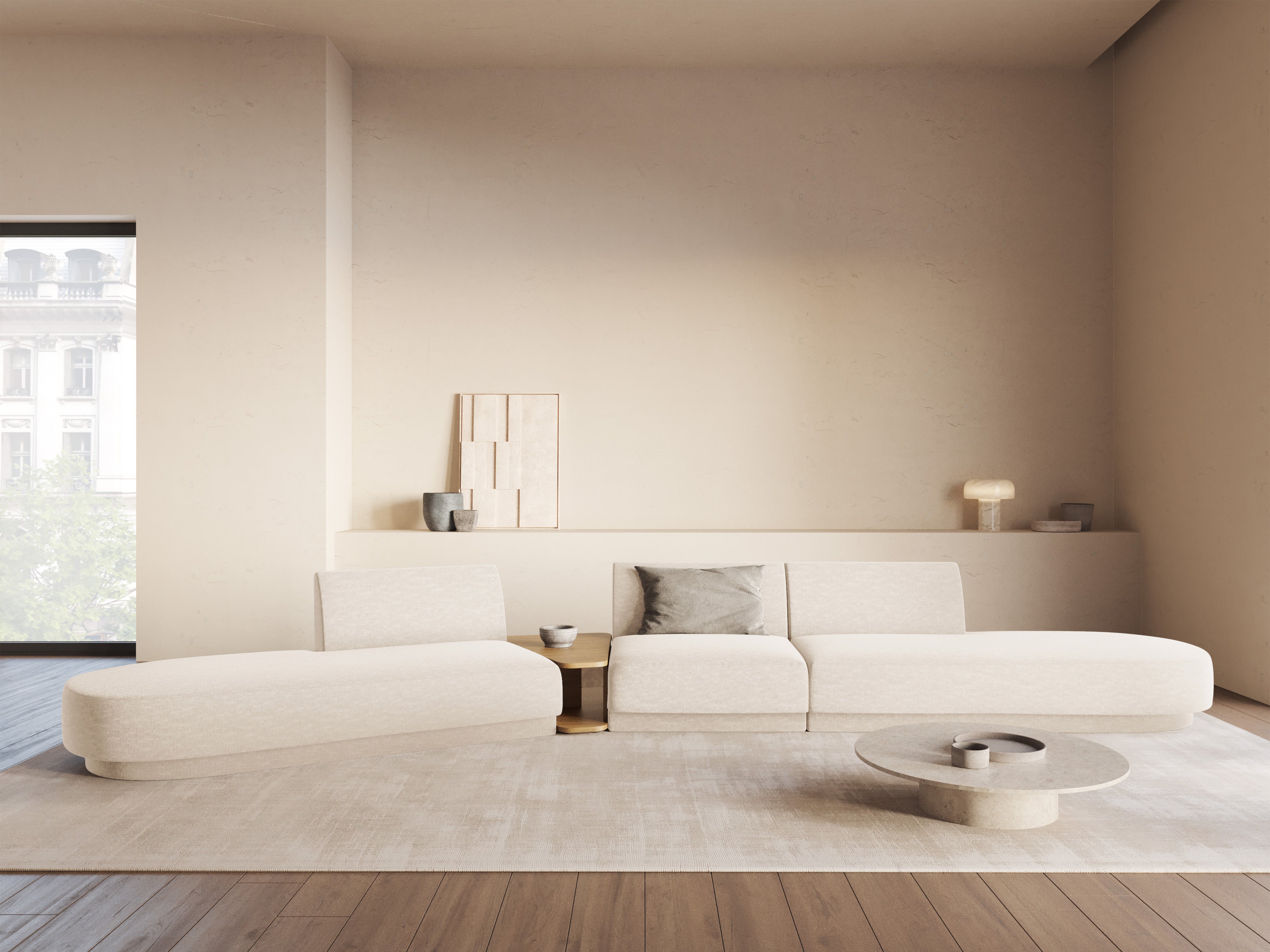 Left-sided modular sofa with table for 5 people MILEY light beige silky chenille