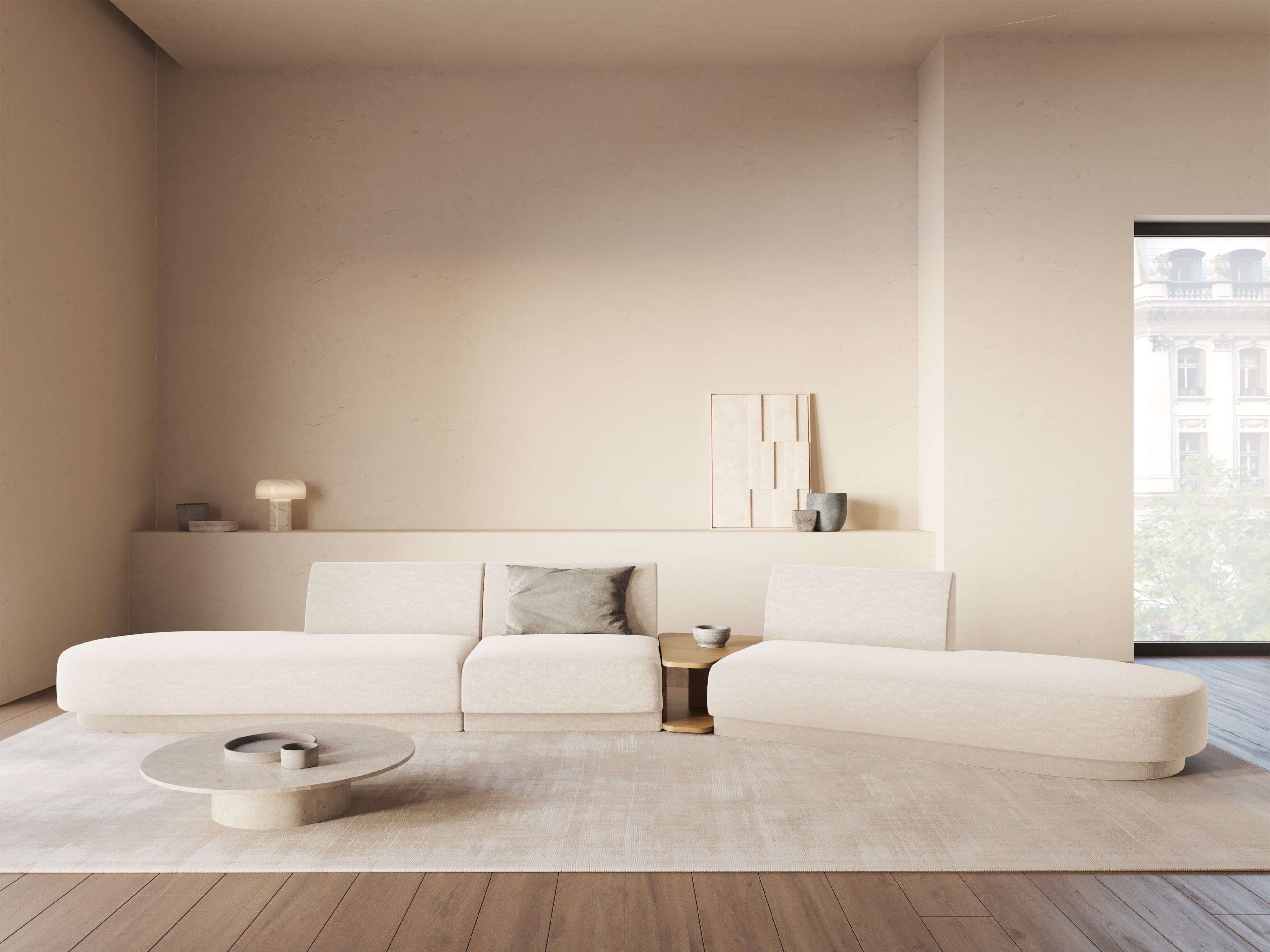 Right-facing modular sofa with table for 5 people MILEY light beige silky chenille