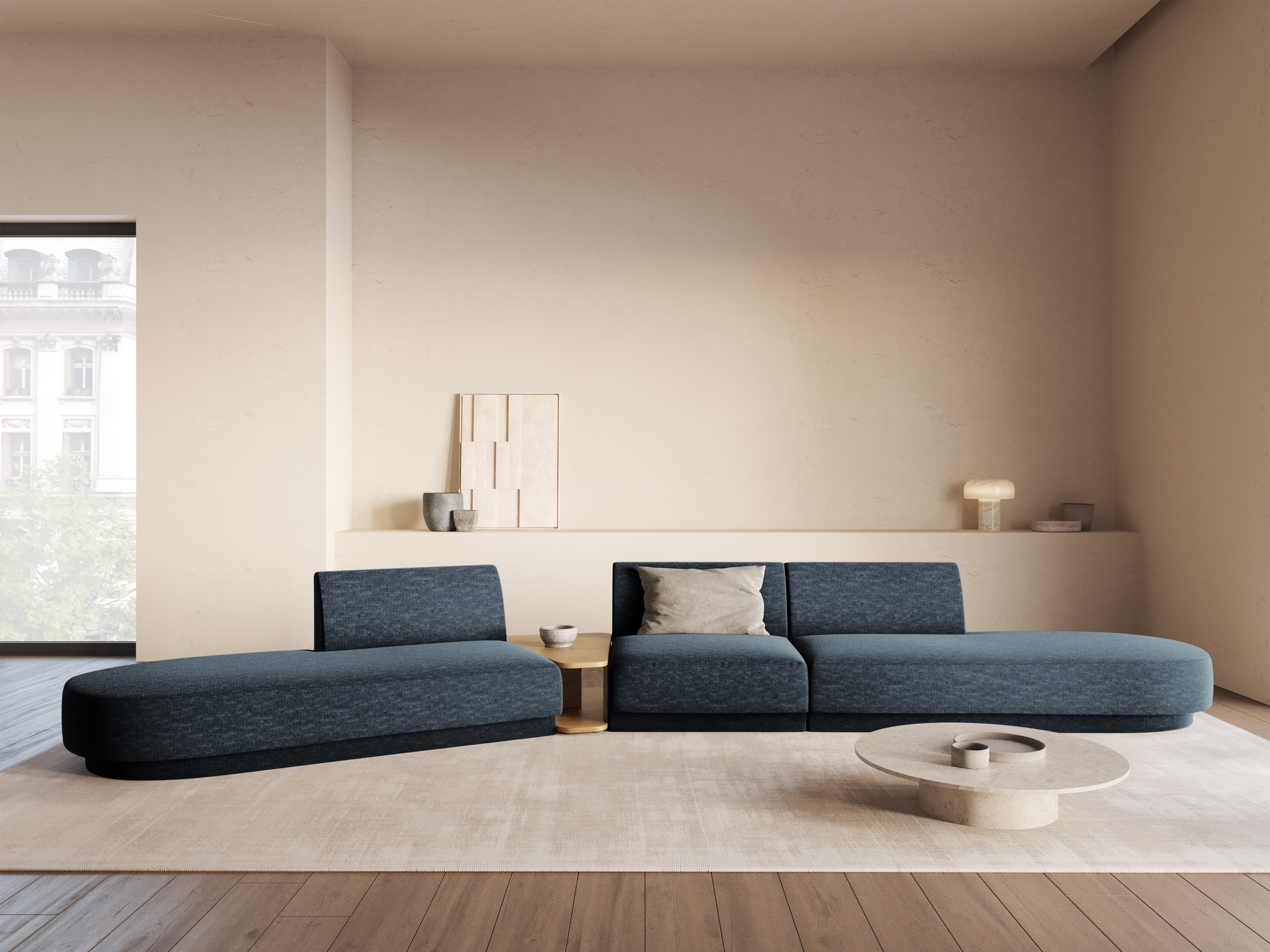 Left-sided modular sofa with table for 5 people MILEY royal blue silky chenille