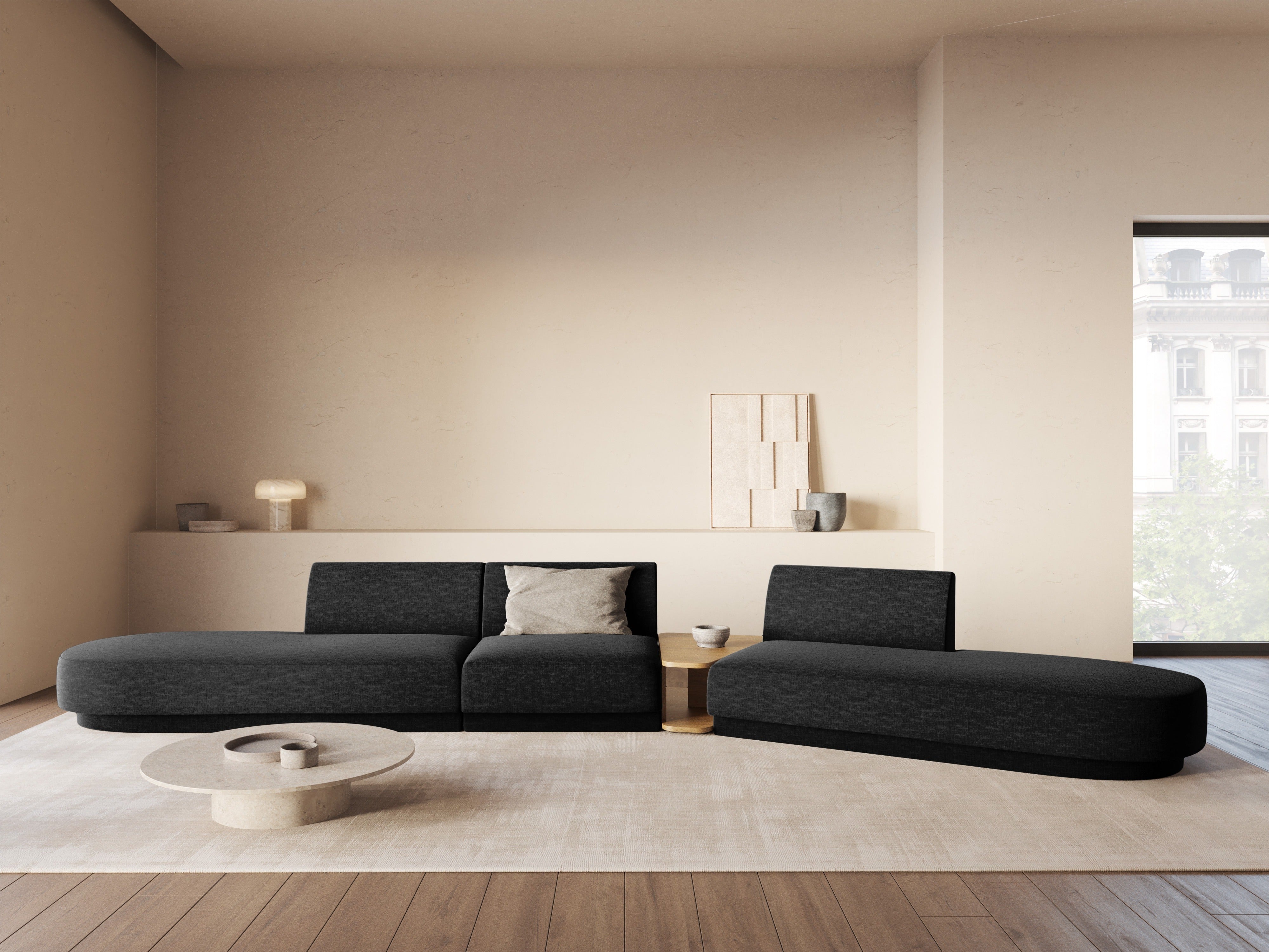 Left-sided modular sofa with table for 5 people MILEY black boucle