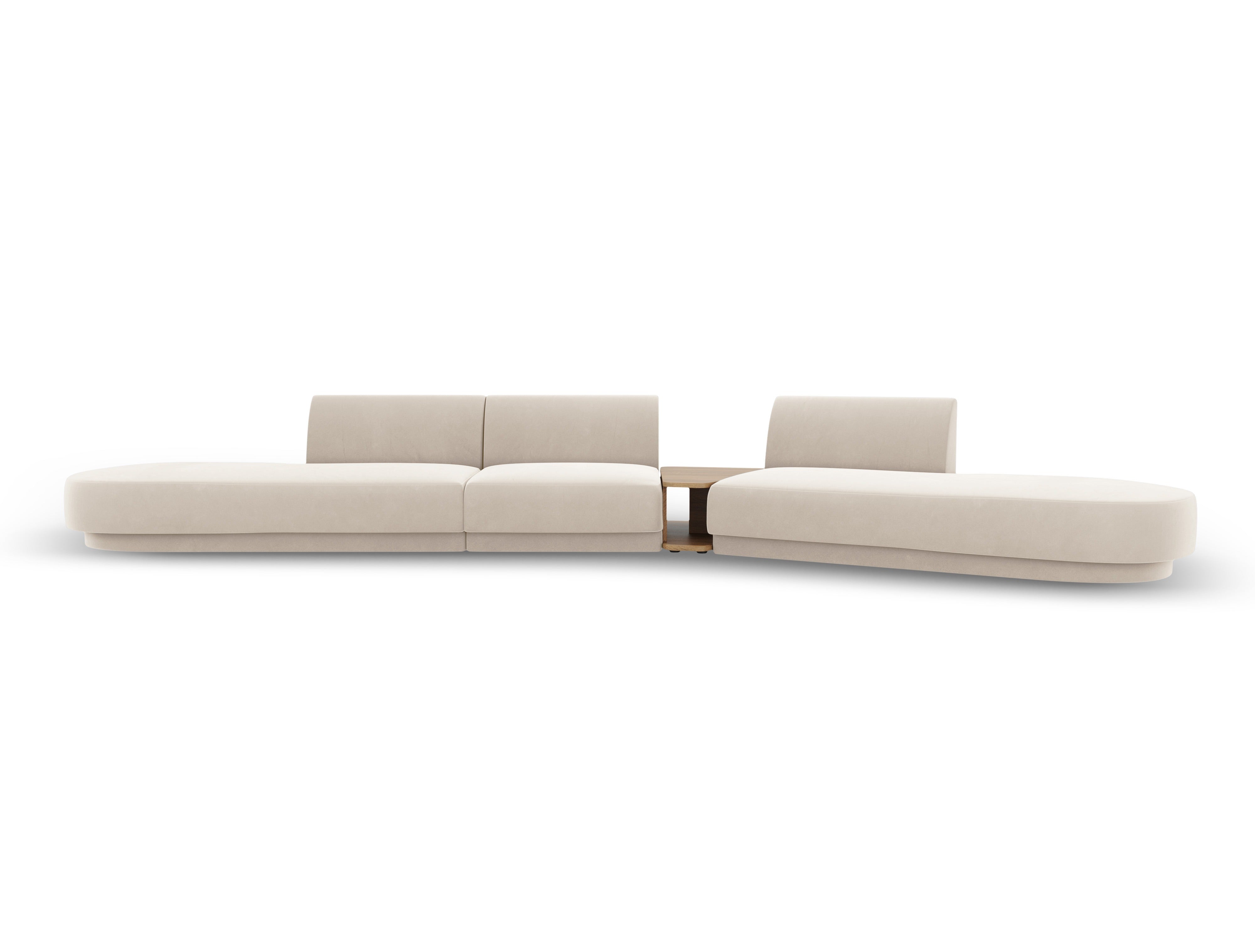 Right-facing modular sofa with table for 5 people in light beige velvet MILEY