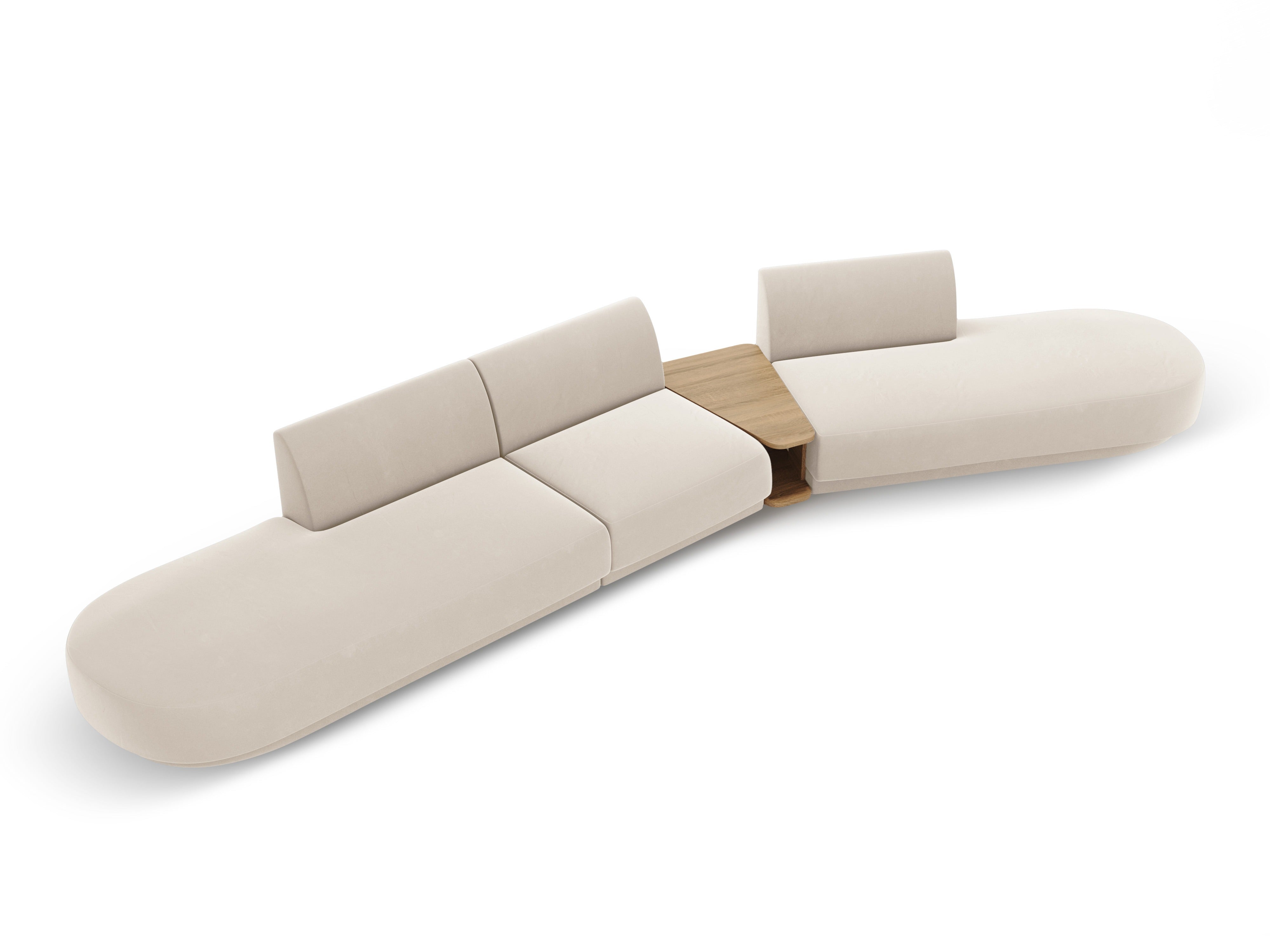 Right-facing modular sofa with table for 5 people in light beige velvet MILEY