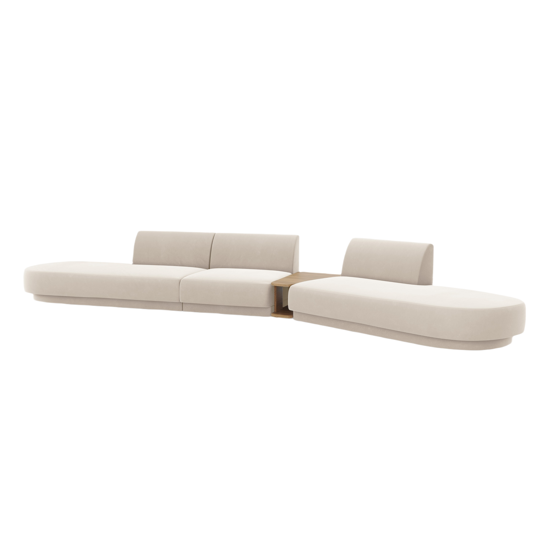 Right-facing modular sofa with table for 5 people in light beige velvet MILEY