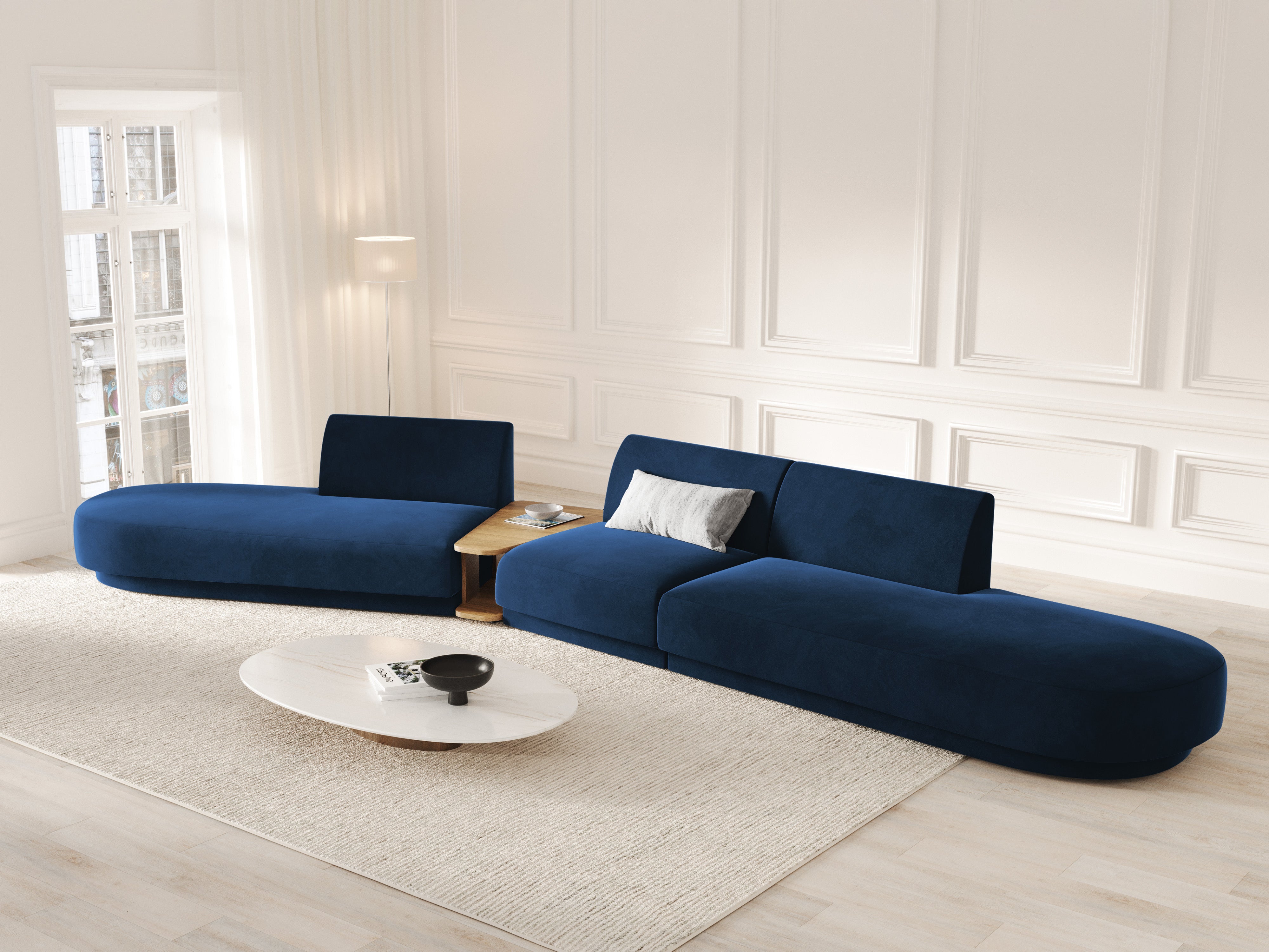 Left-facing modular sofa with table, 5-seater, velvet MILEY in royal blue