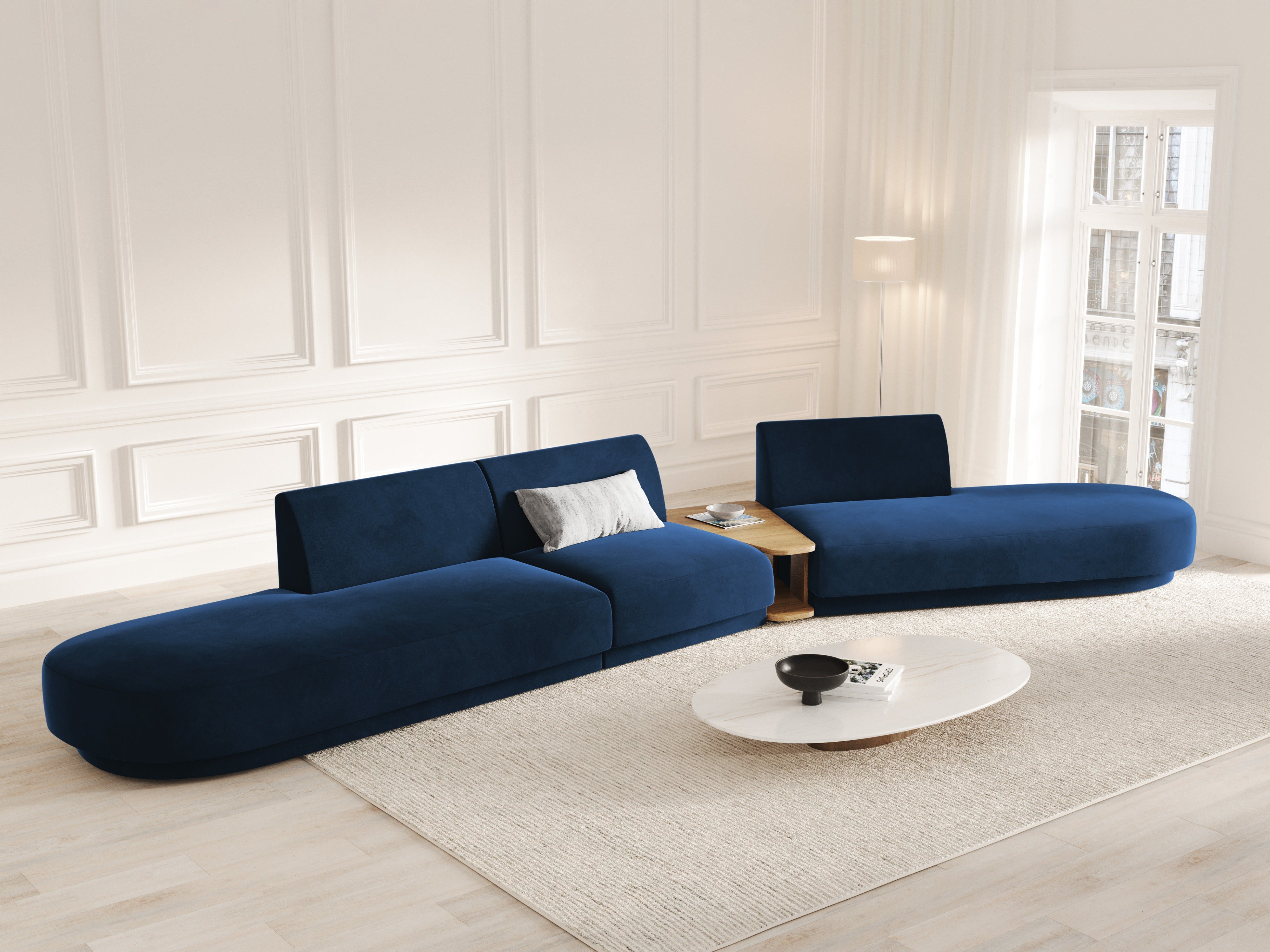 Right-facing modular sofa with table for 5 people in royal blue velvet MILEY