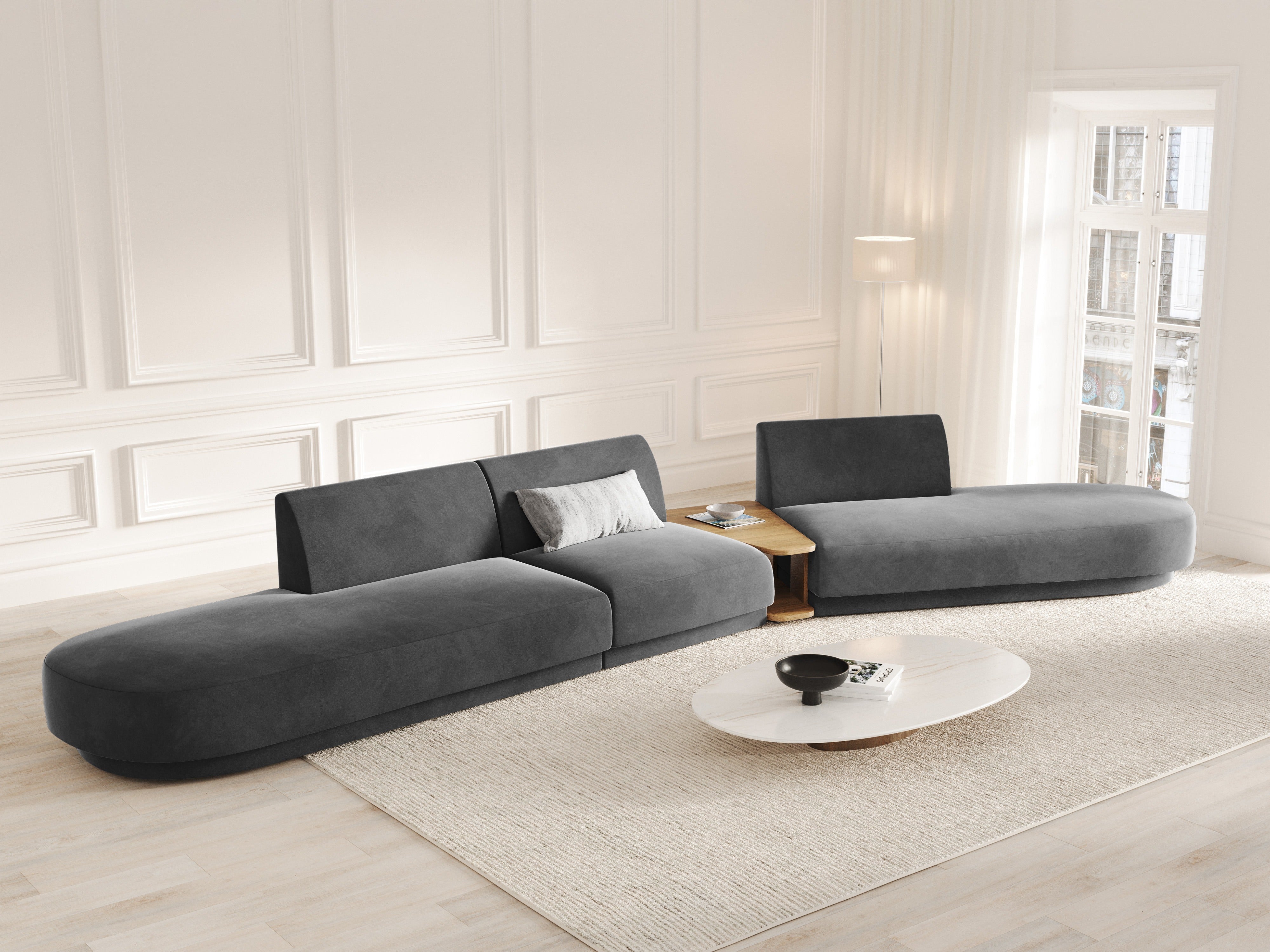 Right-facing modular sofa with table for 5 people in velvet MILEY gray