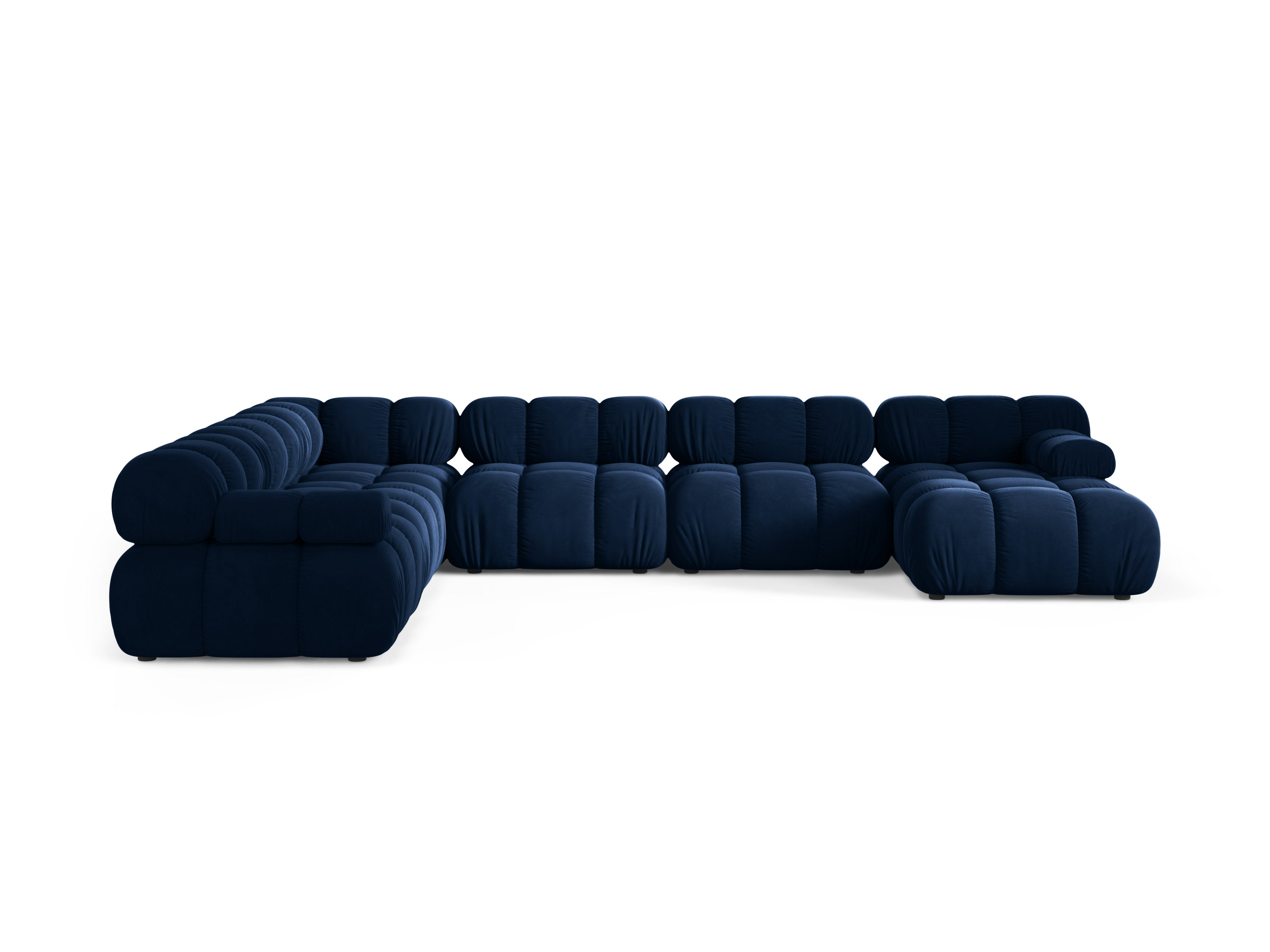 Panoramische fluwelen hoekbank BELLIS links in koninklijk blauw