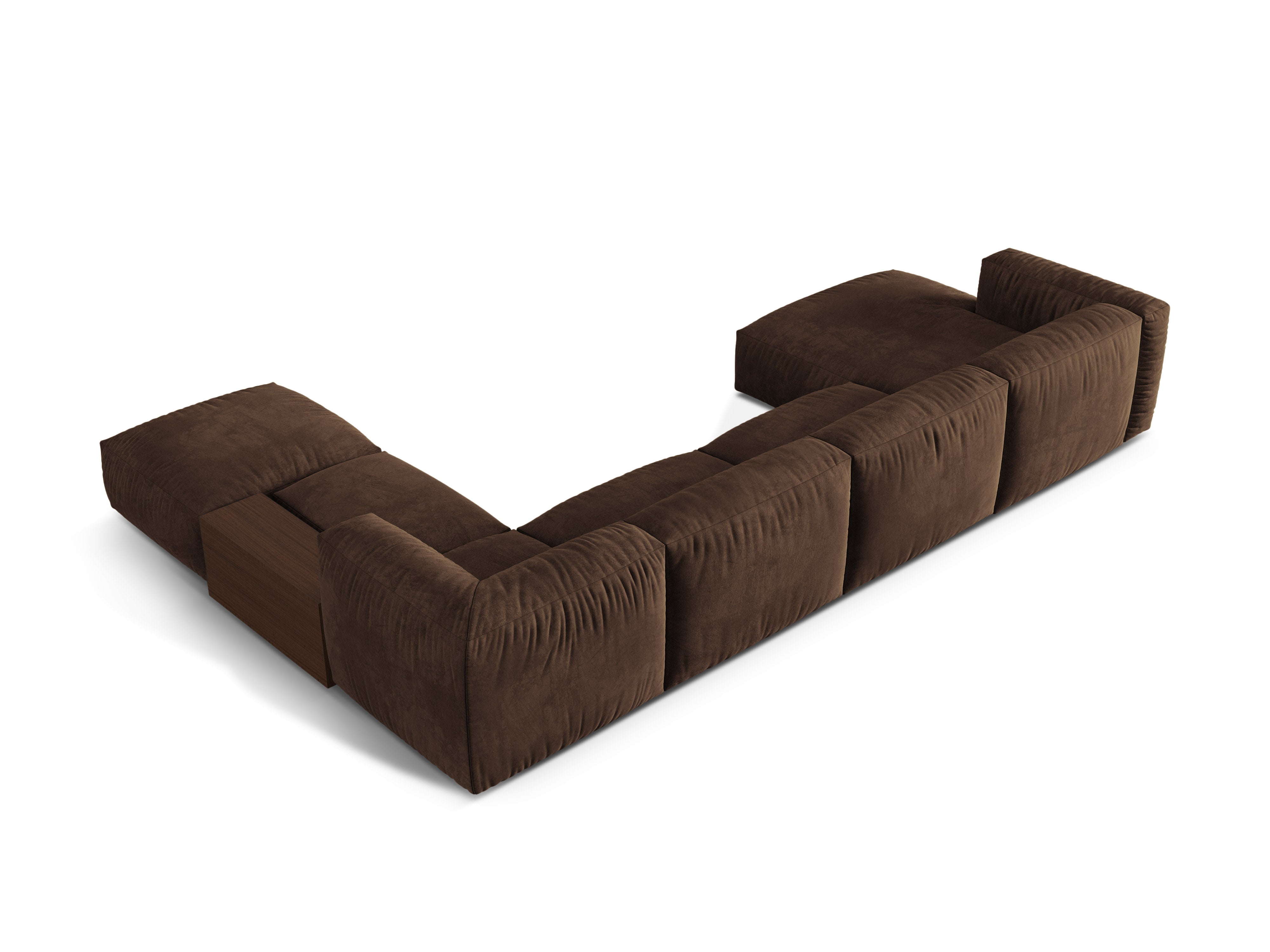 Rechthoekige panoramische MARTINA bank met een chocoladekleurige fluwelen bekleding.