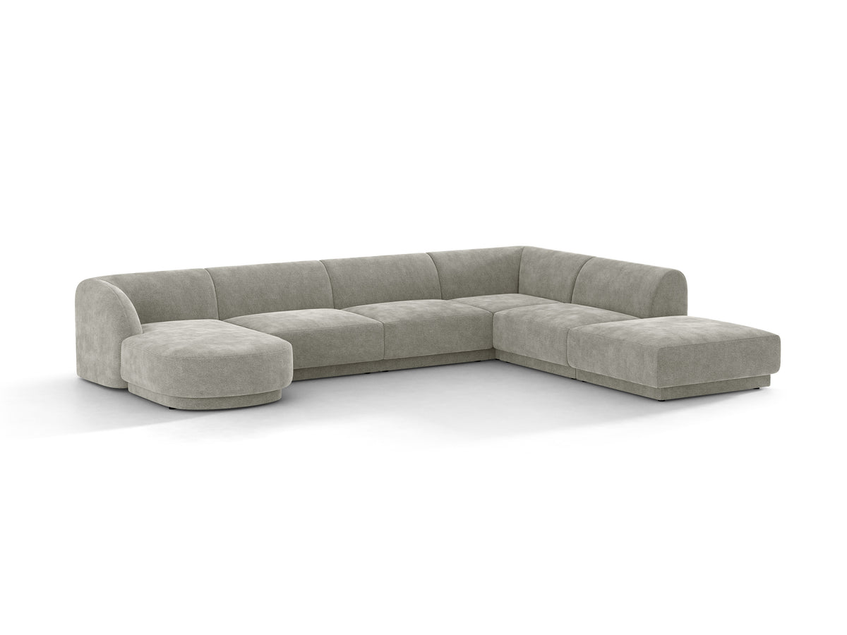 Narożnik prawostronny panoramiczny 6-osobowy MILEY jasnoszary szenil jedwabisty – sofa narożna