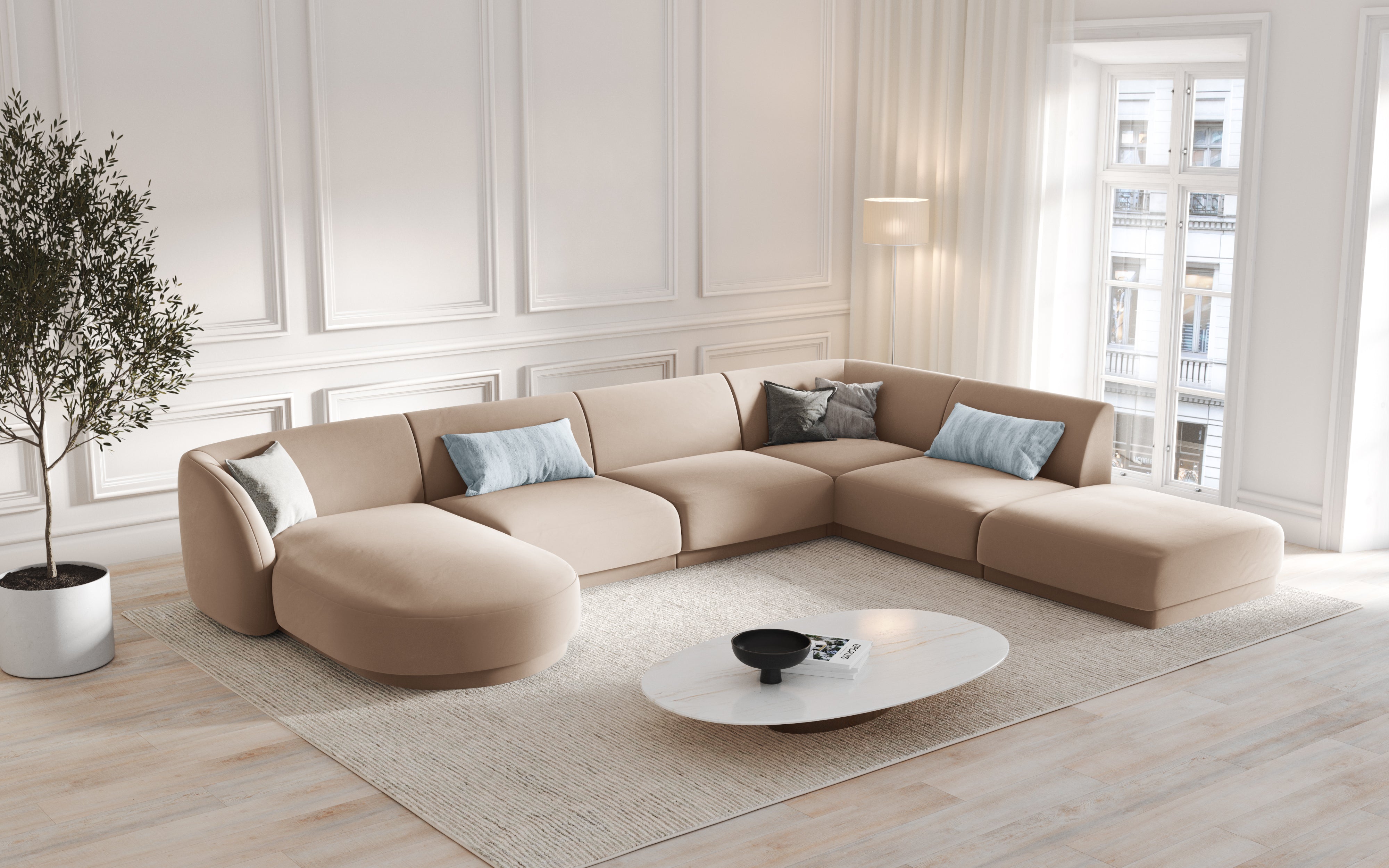 Symmetrisches 5-Sitzer Sofa MILEY in beigem Chenille