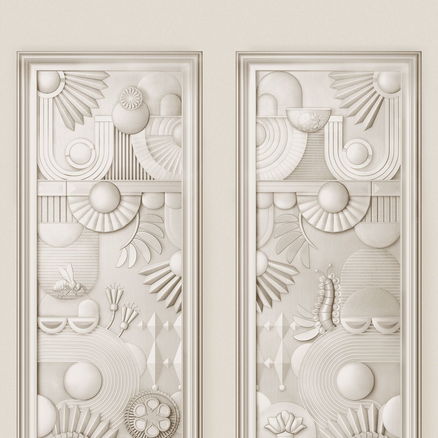 Muurschildering textiel in art deco stijl GREENHOUSE GATHERING lichtbeige